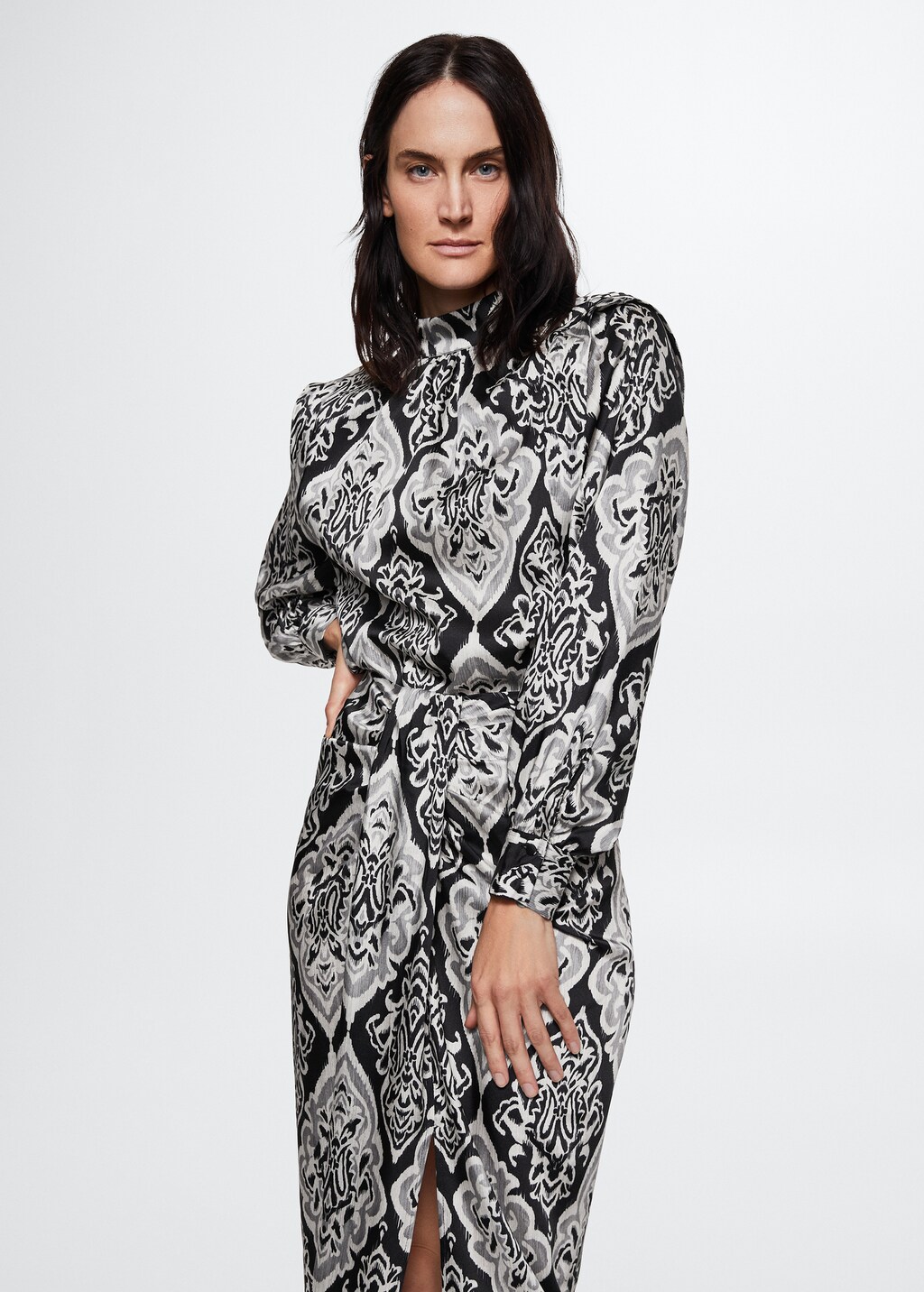Perkins Collar Cut Out Pleated Long Sleeve White Blouses