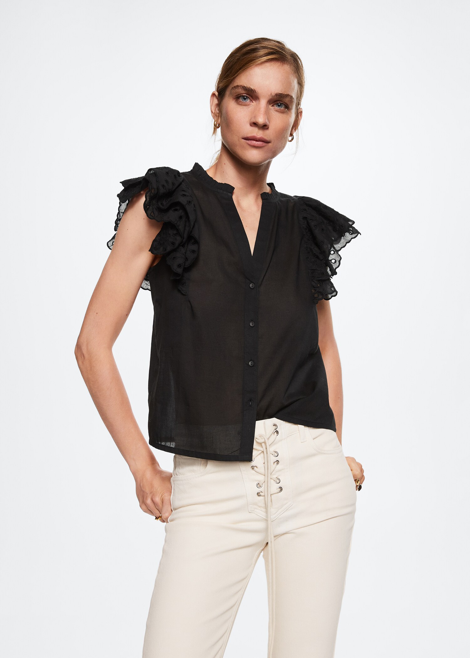 Cotton blouse with openwork details  - Medium plane
