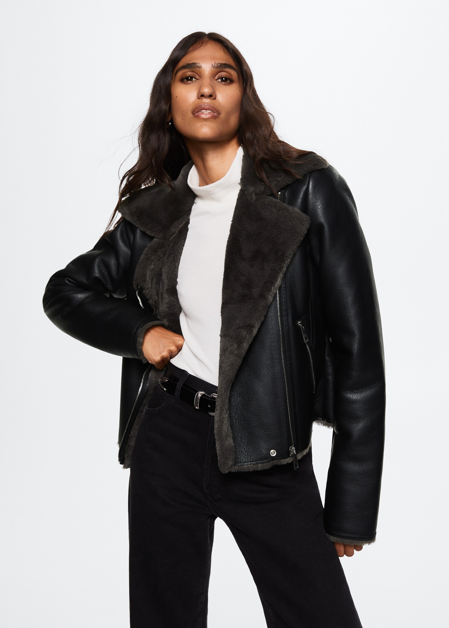 Biker jacket with shearling-effect lining - Medium plane