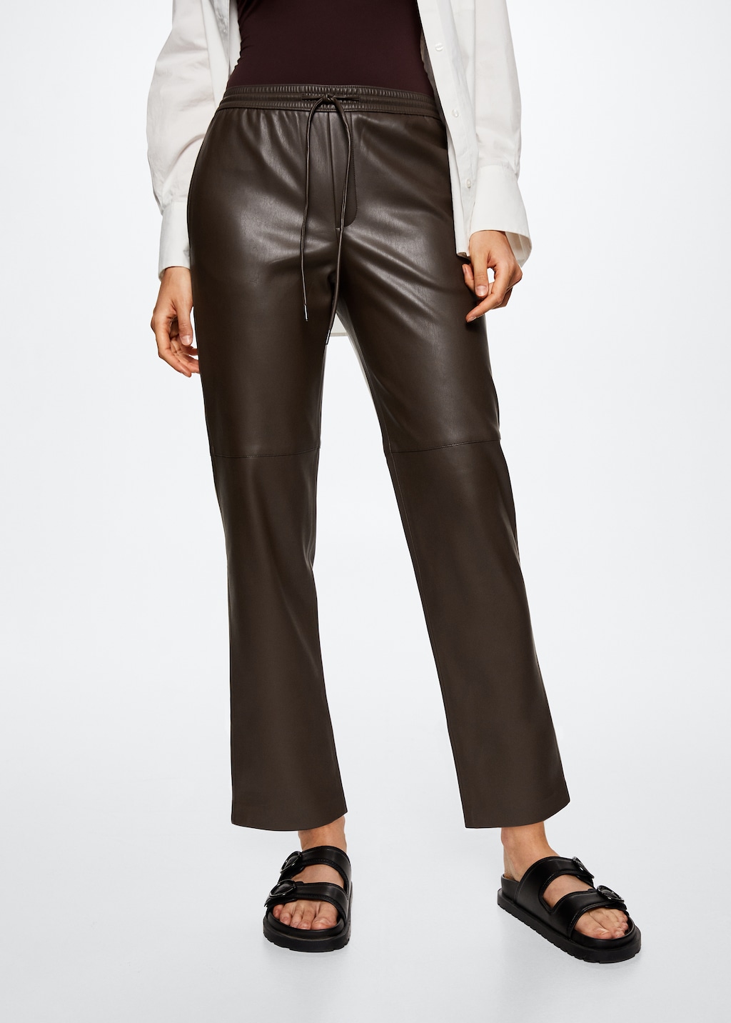 Leather-effect elastic waist trousers Women MANGO Georgia