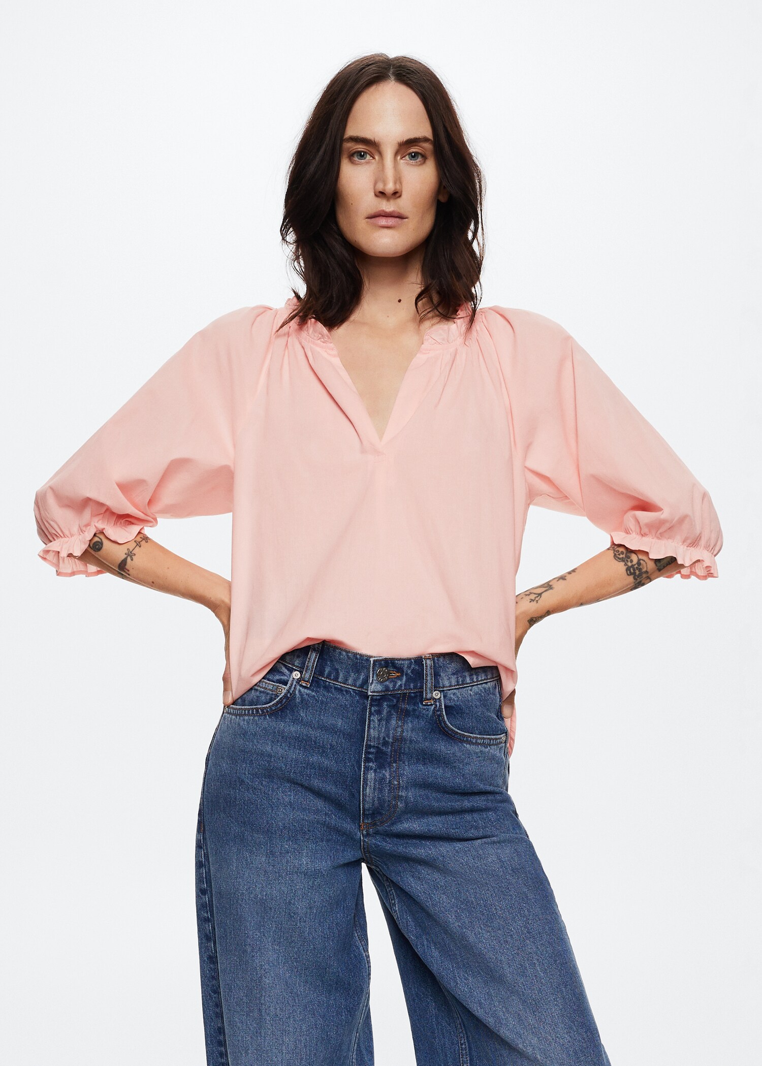 Blusa algodón manga abullonada - Plano medio