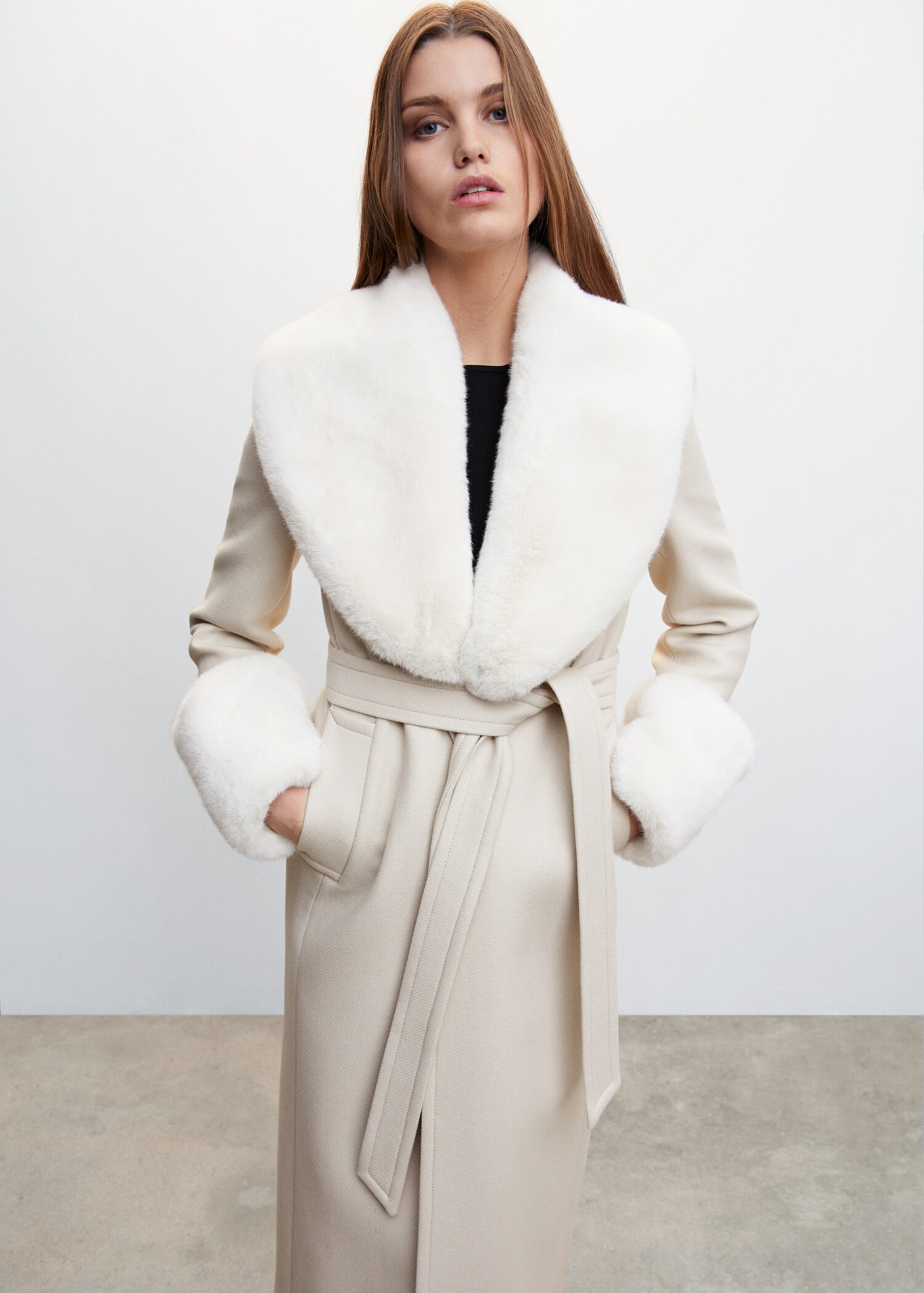 Wool coat with detachable fur-effect details - Medium plane