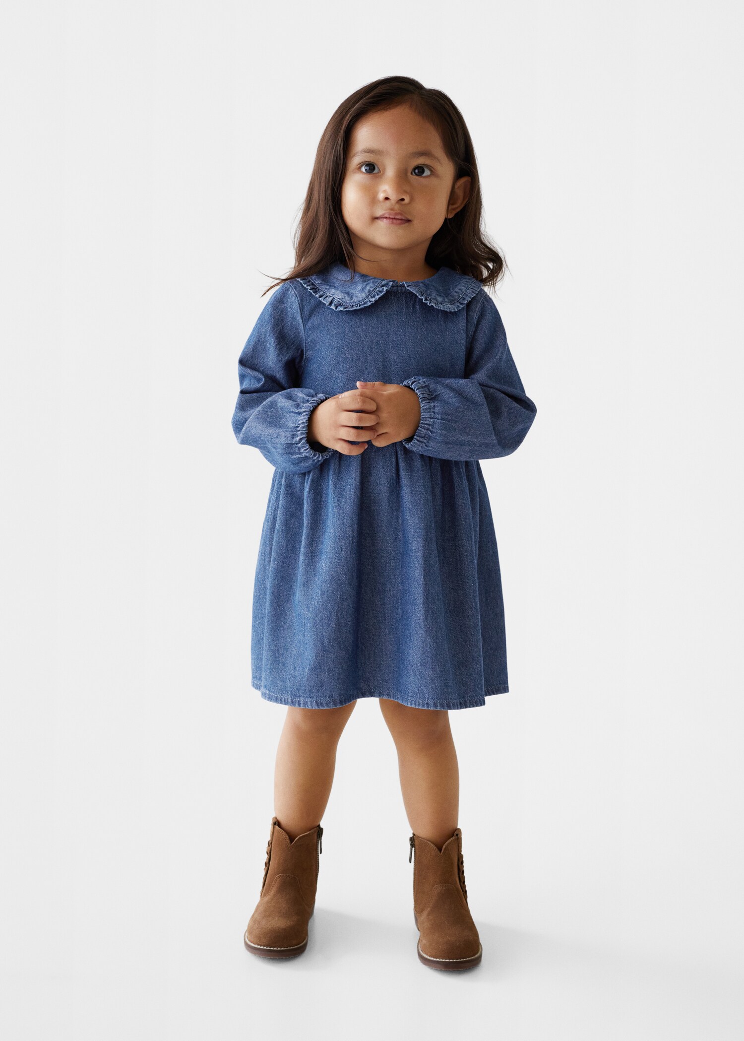 Vestido denim cuello babydoll - Plano medio