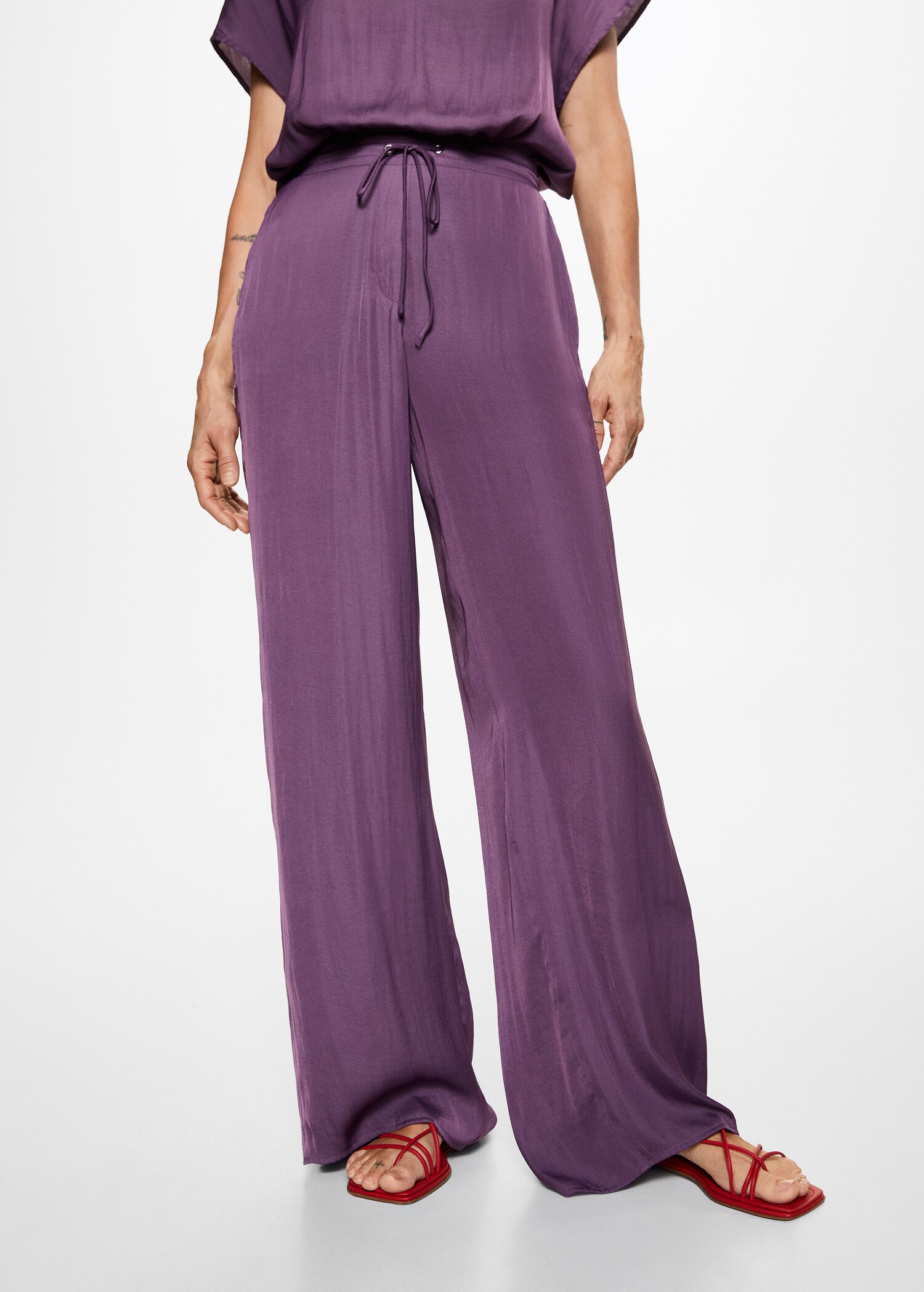 Satin-finish elastic waist trousers - Medium plane