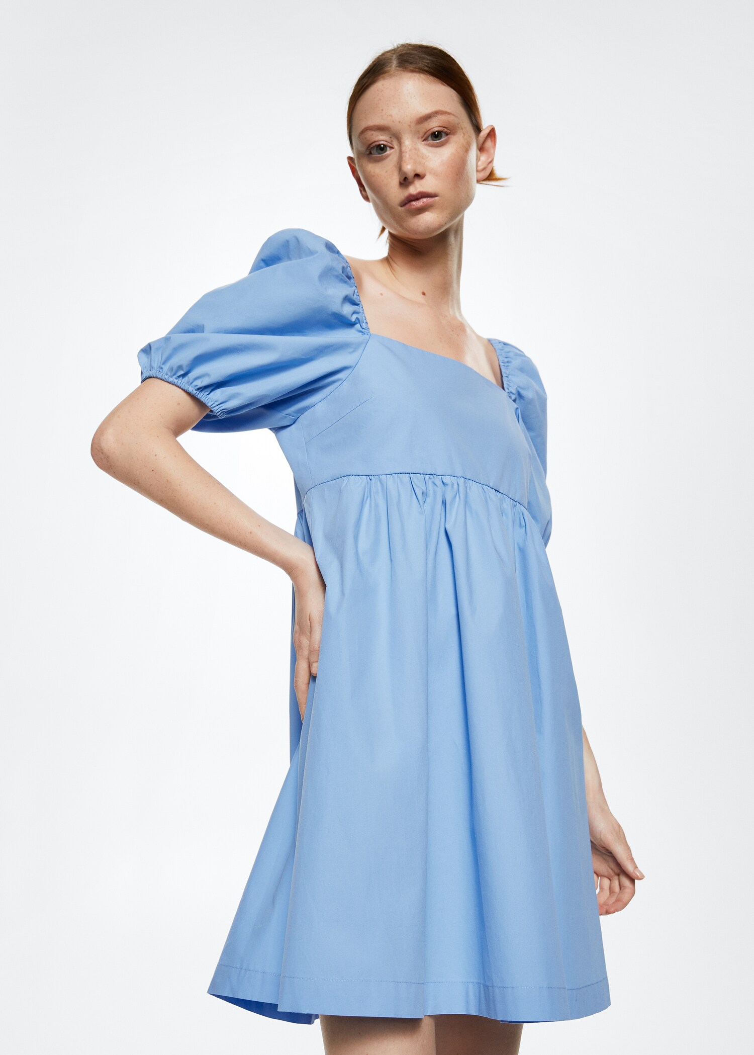 Vestido algodón manga abullonada - Plano medio