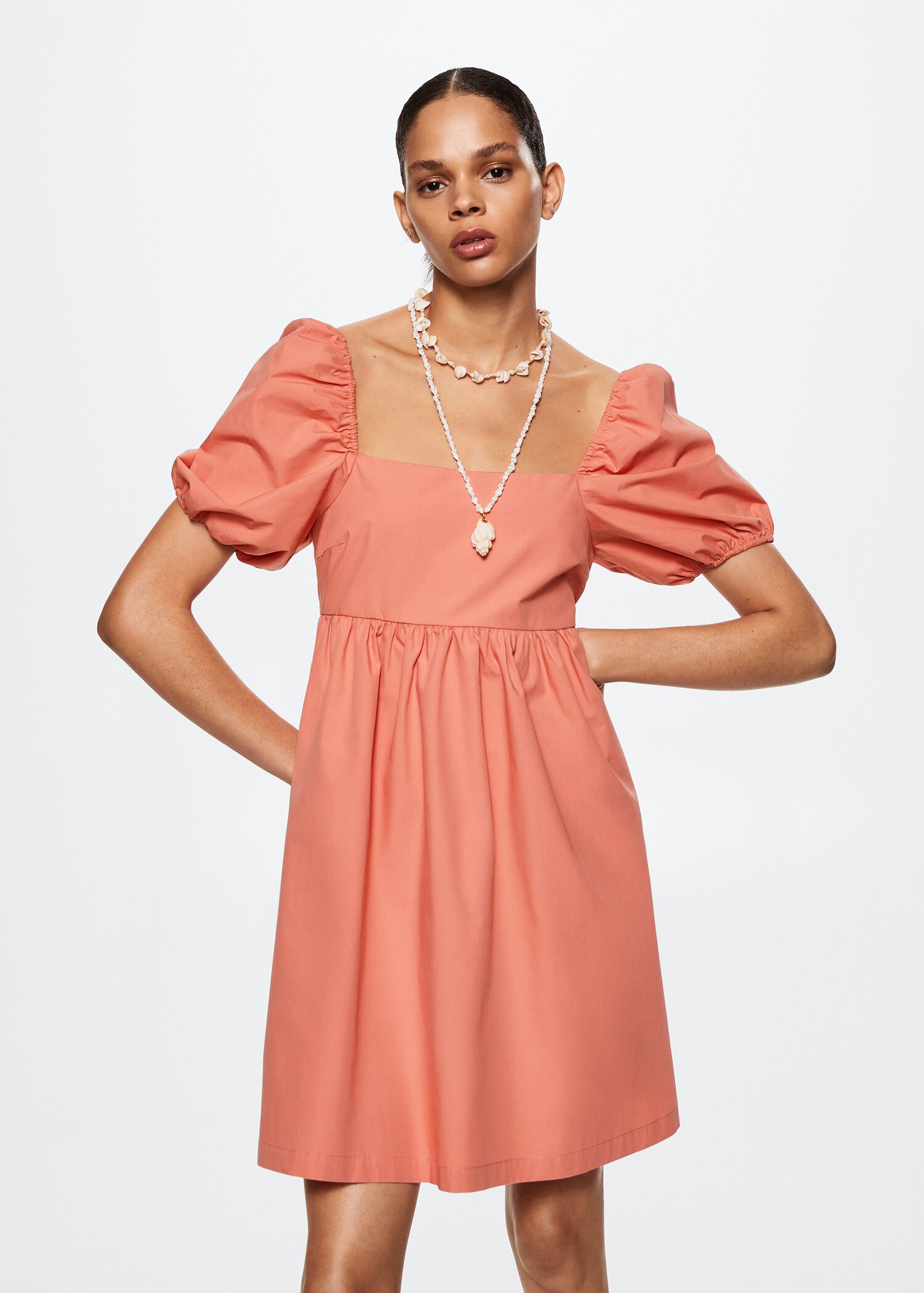 Vestido algodón manga abullonada - Plano medio