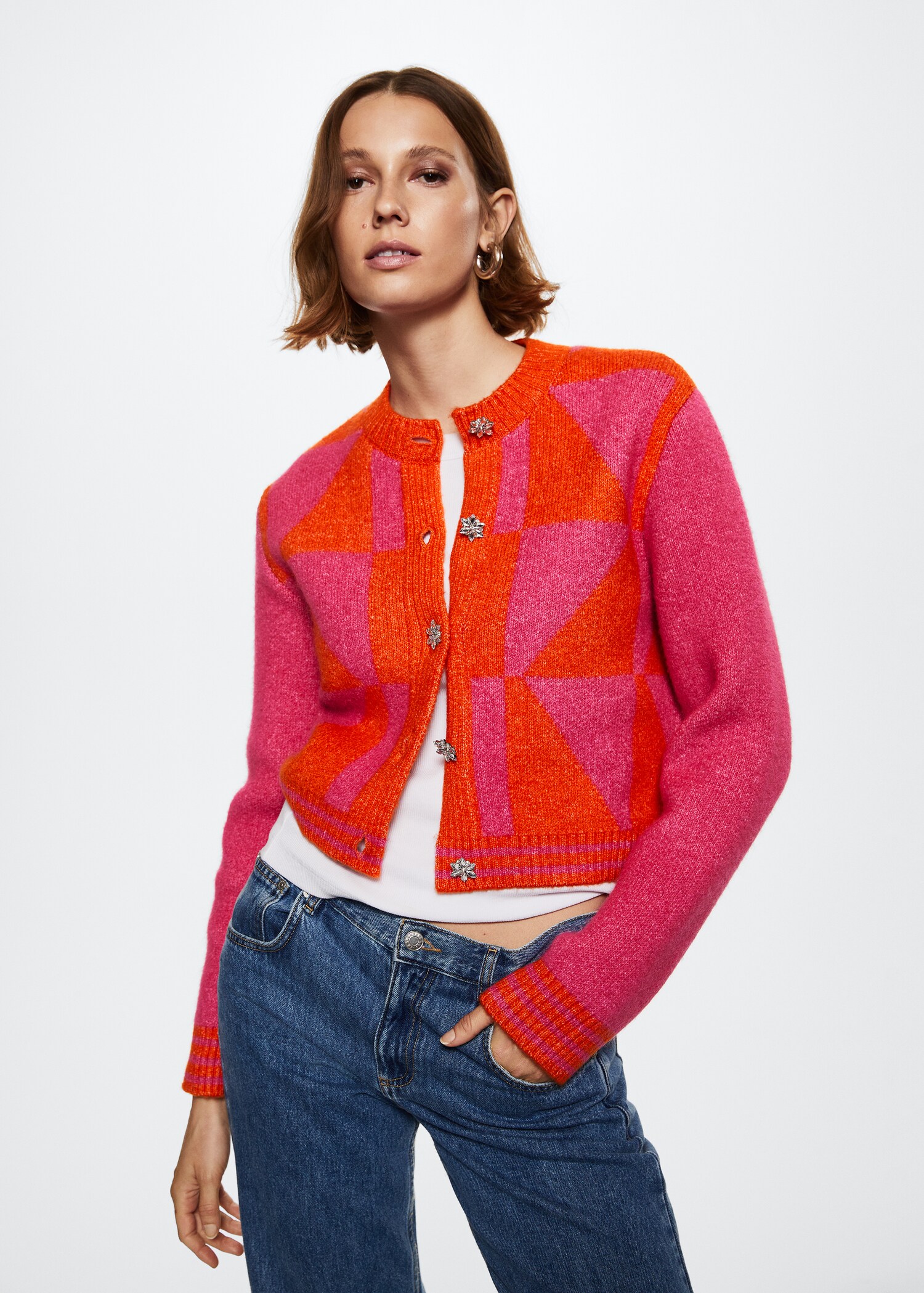 Cardigan de malha com botões de joia - Plano médio