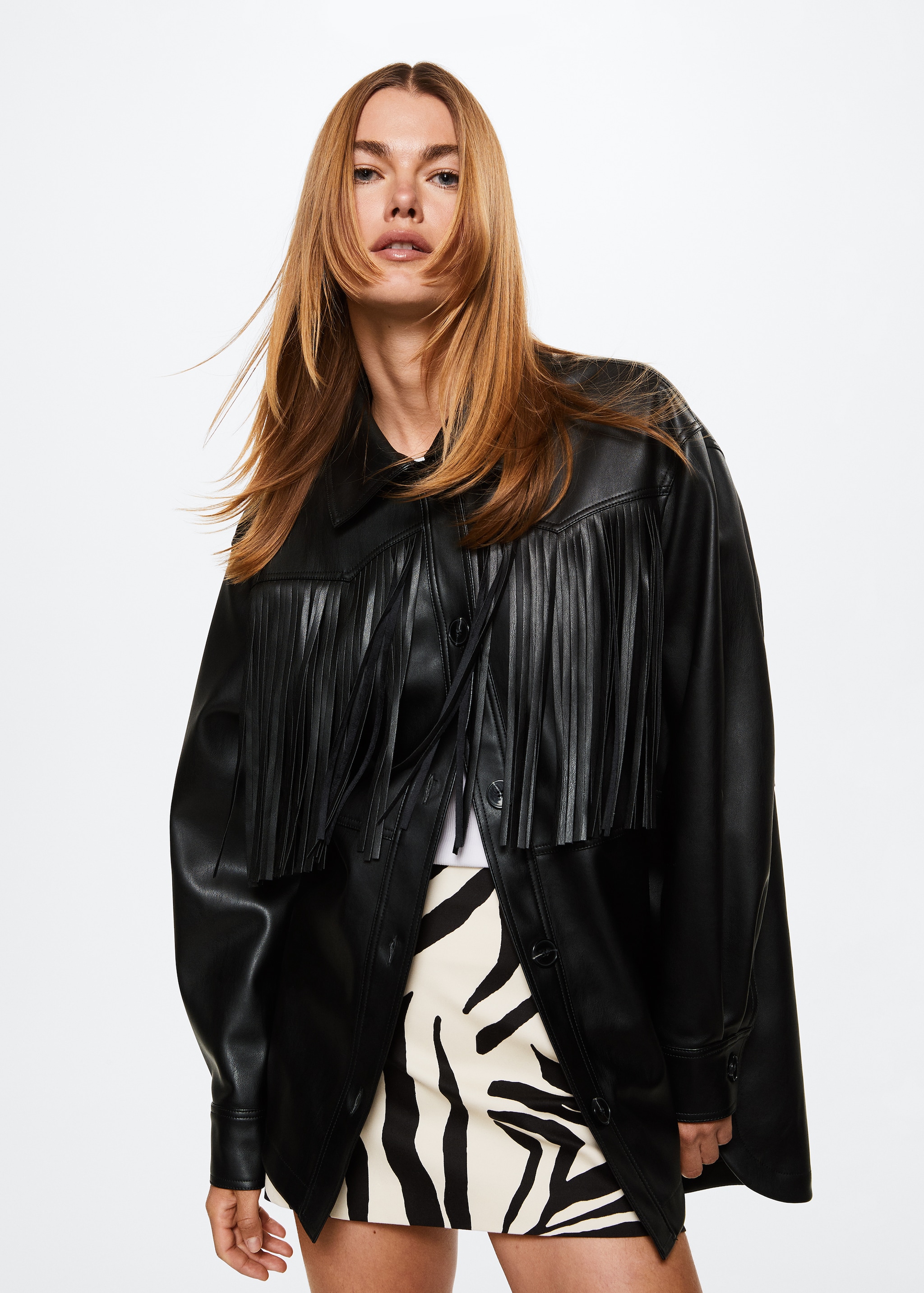 Leather-effect fringed jacket