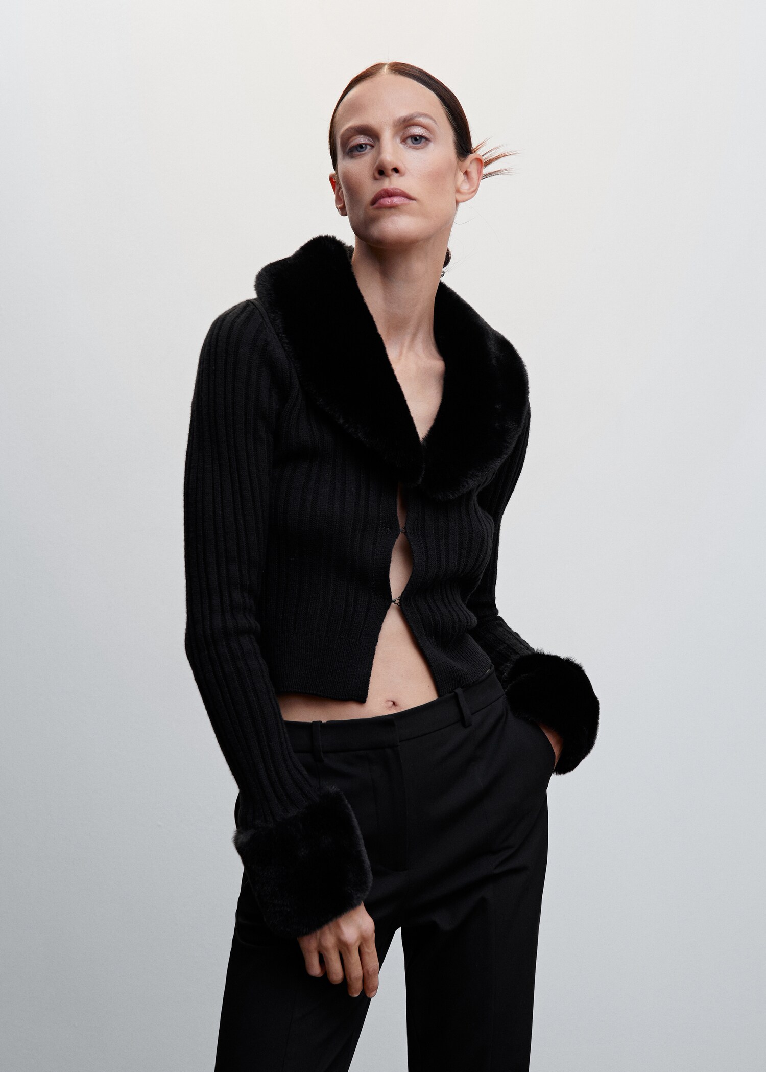 Cardigan detachable fur-effect collar  - Medium plane