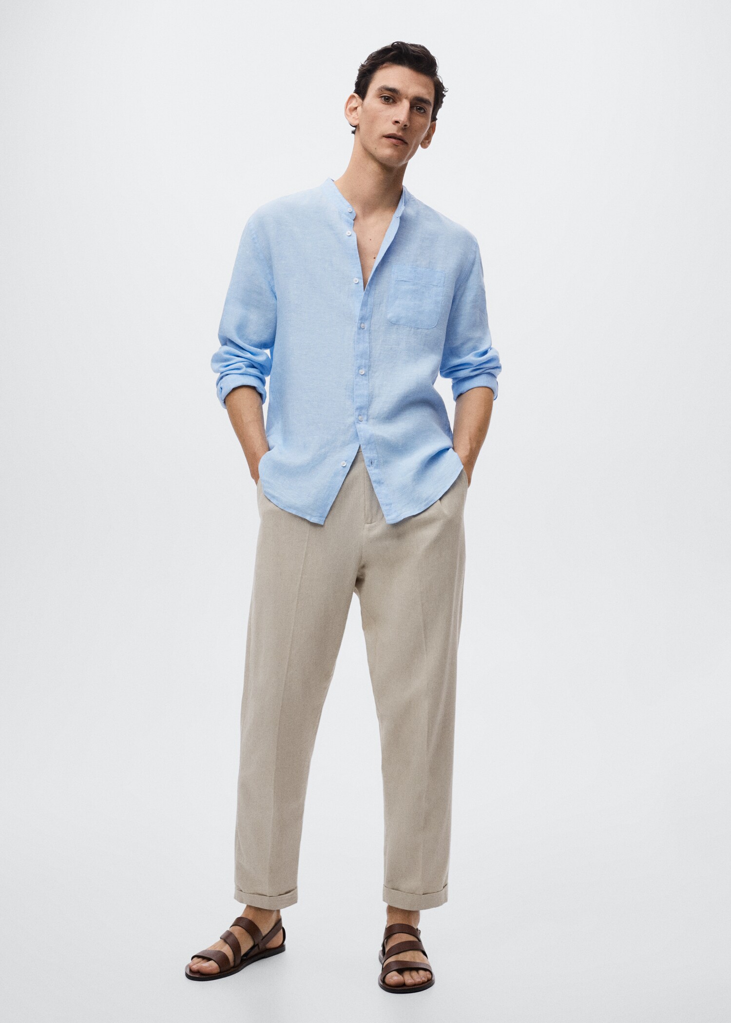 Slim Fit-Leinenhemd mit Stehkragen - Allgemeine Ansicht