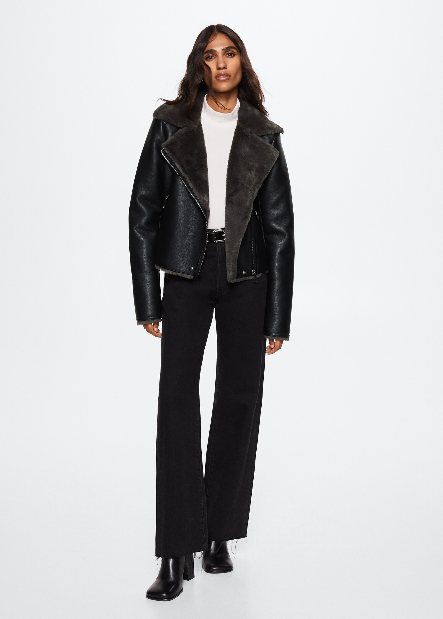 Biker jacket with shearling-effect lining - General plane