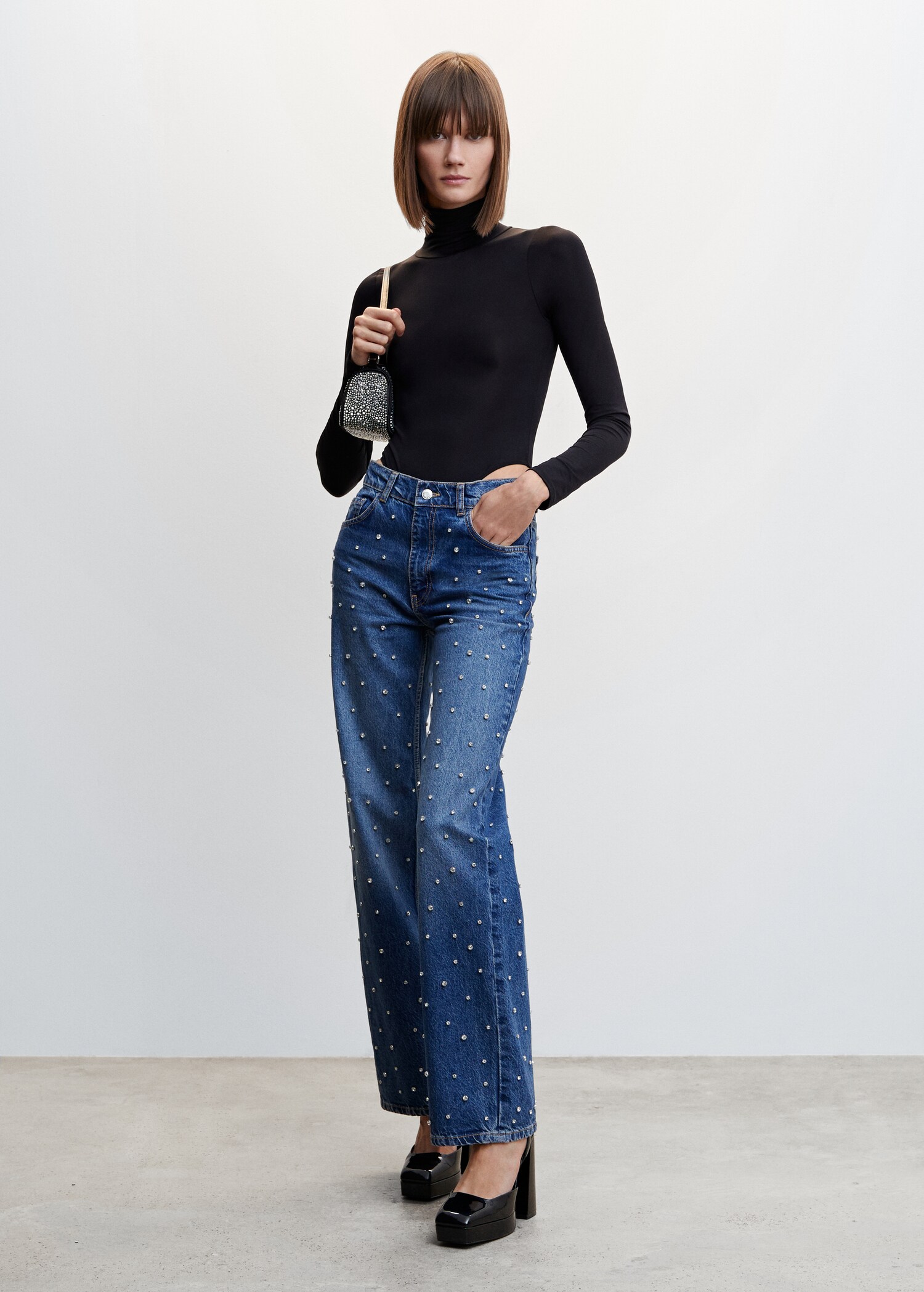 Calças de ganga wideleg com strass - Plano geral