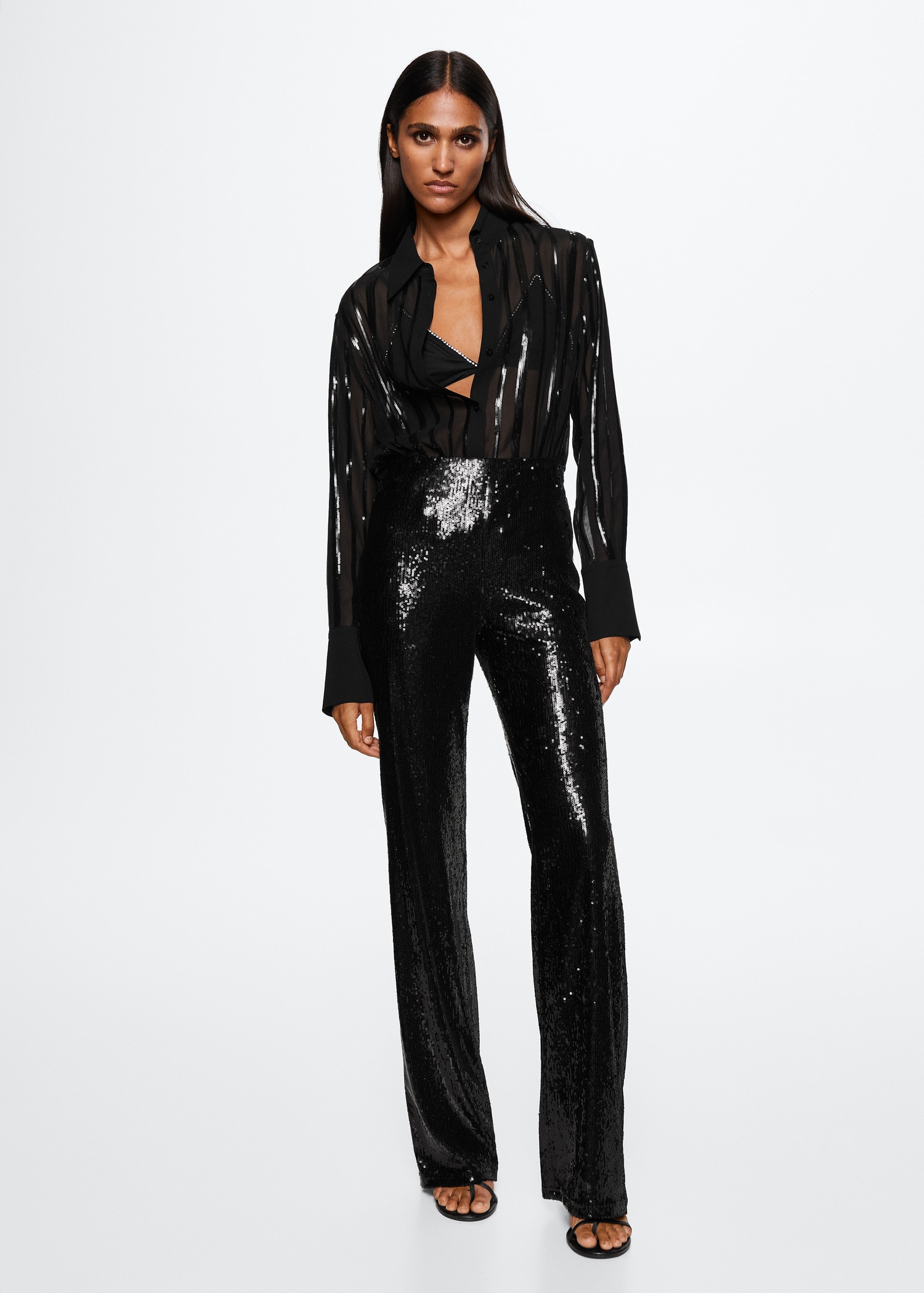Pantalon Noir Pantalon Fluide Sequin Pantalon à Sequins Noir FEMME