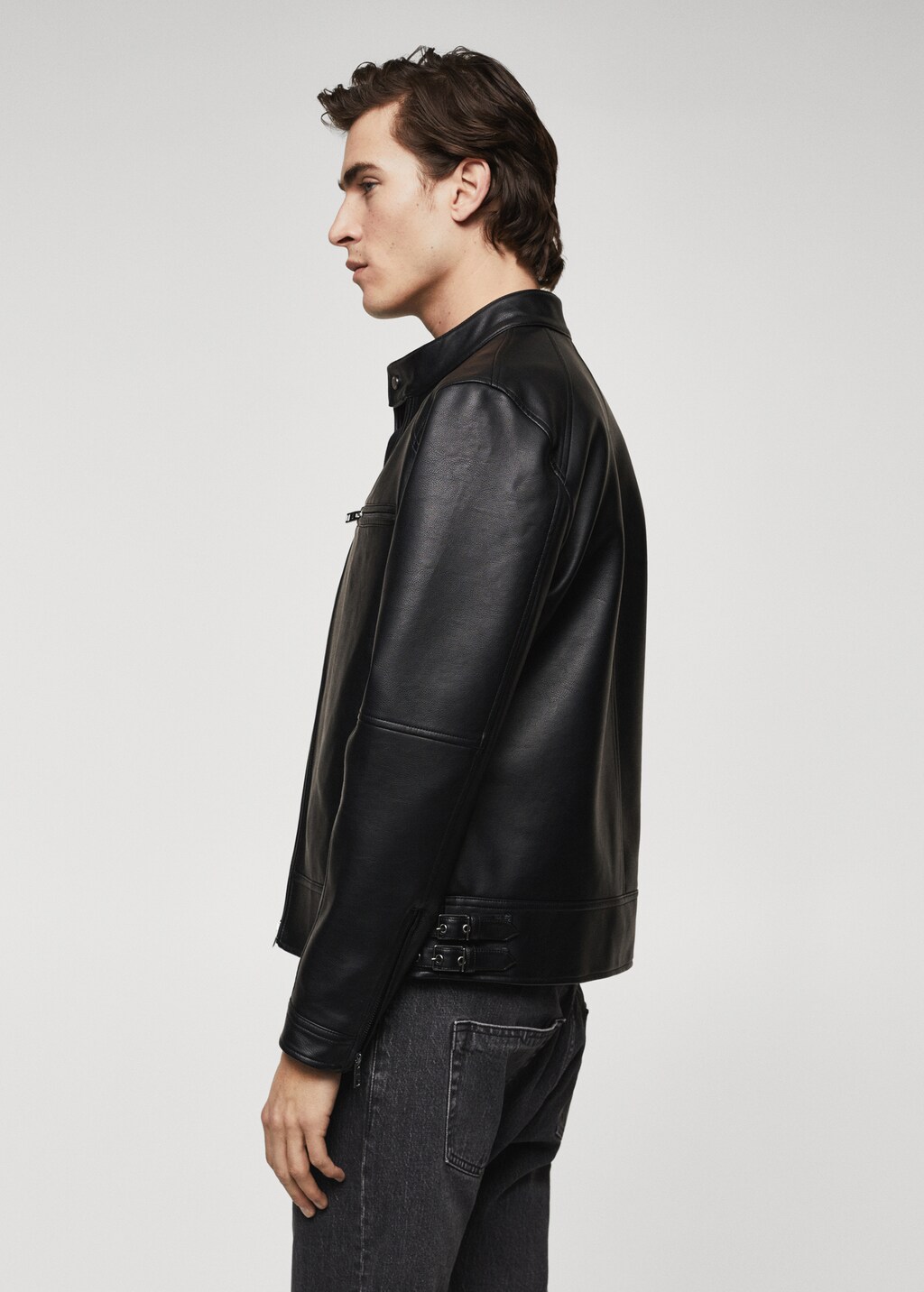 Mango フェイクレザー＆フェイクシアリング モトジャケット MNG Mango Faux Leather Moto Biker Jacket White Women's Size
