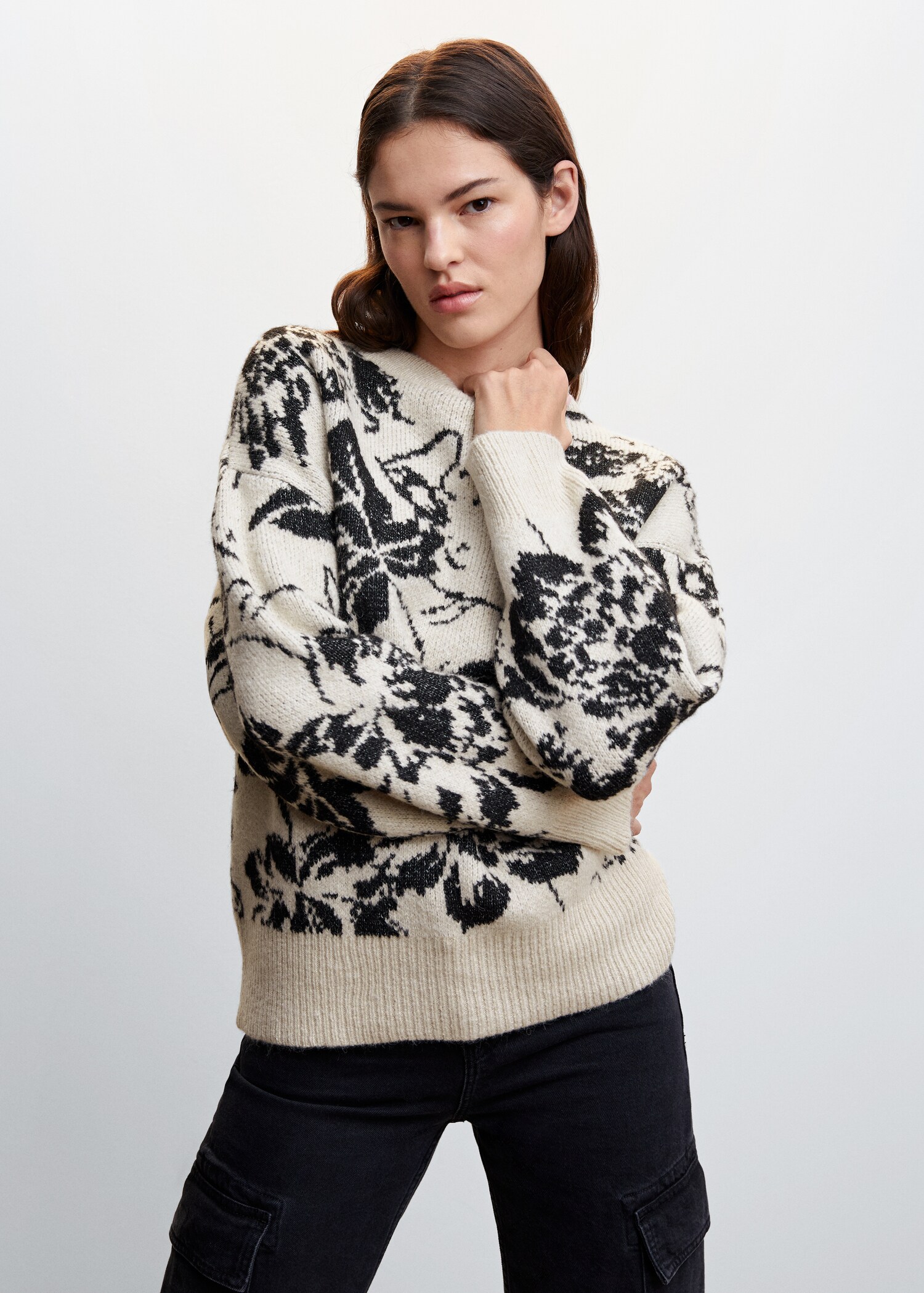Strickpullover mit Blumenmuster - Mittlere Ansicht