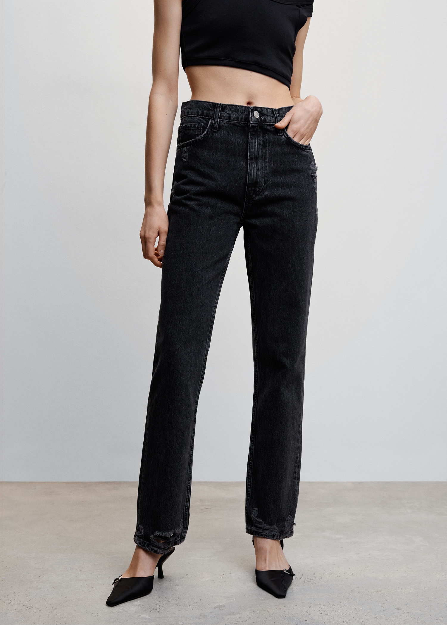 Jean droit taille haute déchiré - Plan moyen