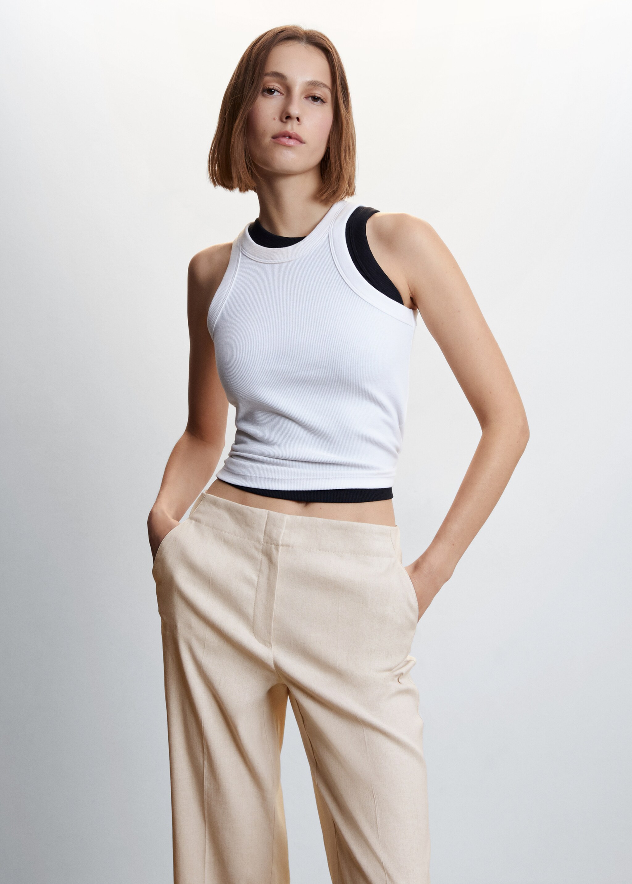 Straight linen-blend pants - Details of the article 1, Light/Pastel Grey. Ref: 47007130-00.