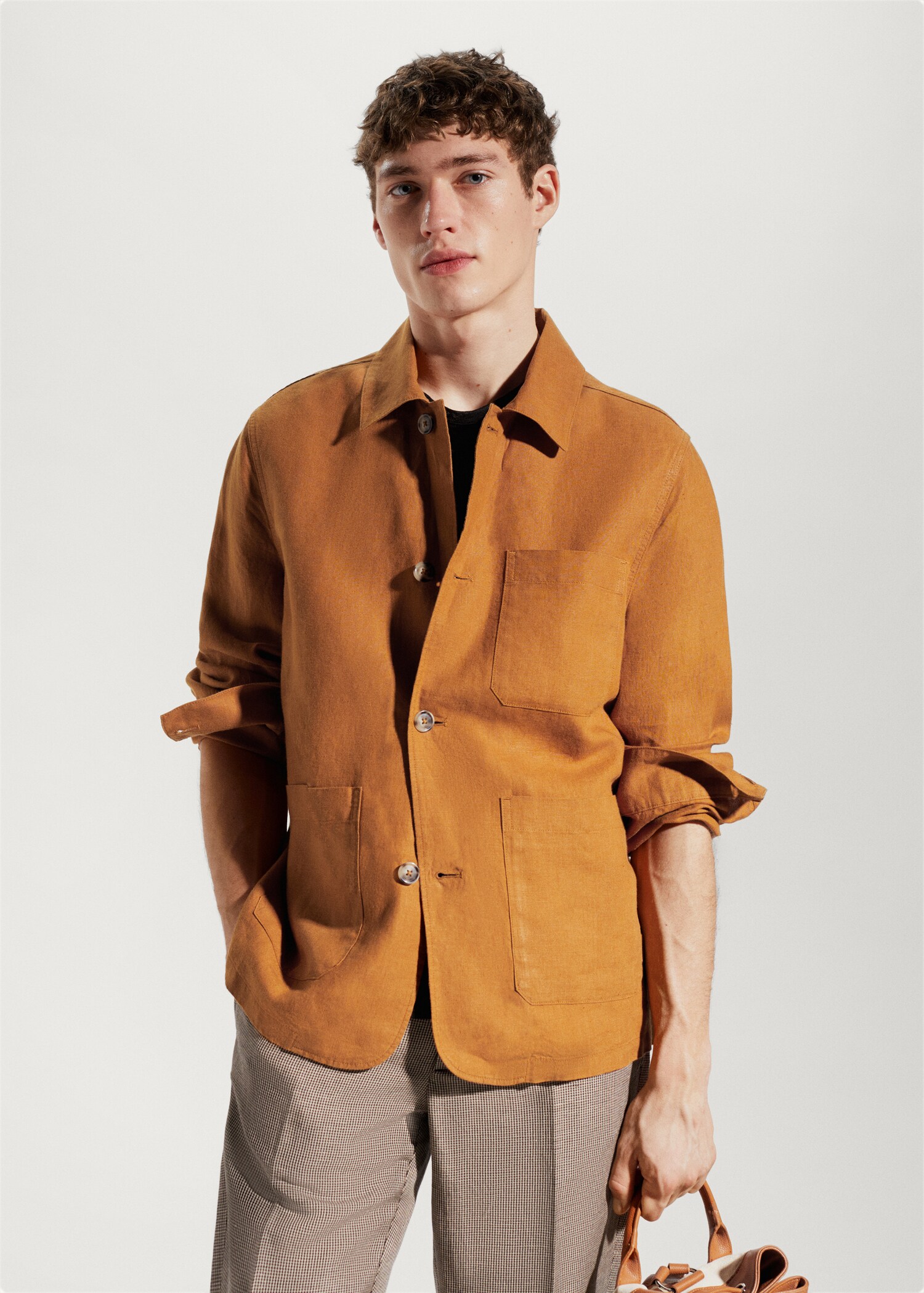 เสื้อโอเวอร์เชิ้ตผ้าลินิน 100% มีกระเป๋า - เครื่องบินขนาดกลาง