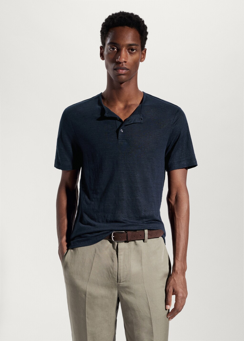 Jersey Linen Fitted Long Sleeve Henley T-Shirt