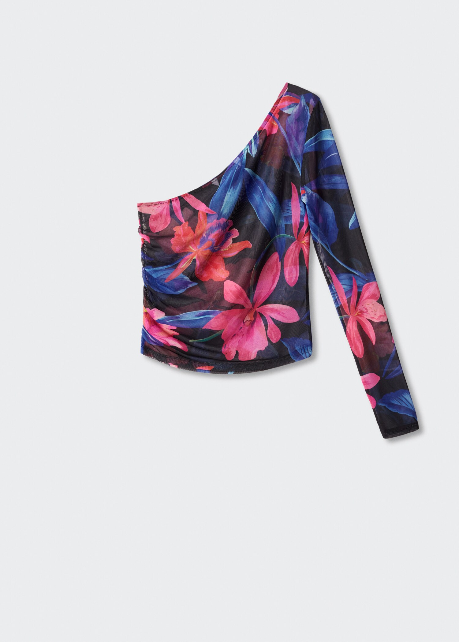 Asymmetrisk topp i chiffon med blomster - Artikkel uten modell