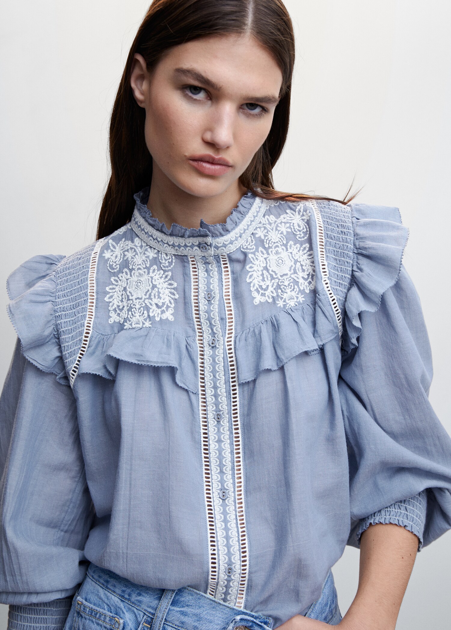 Ruffled embroidered shirt - Details of the article 1