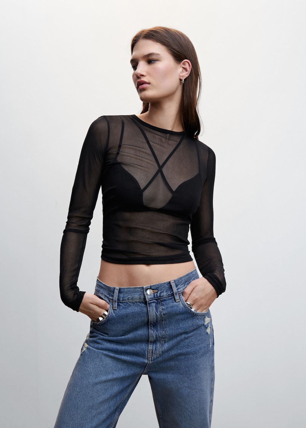 T shirt semi transparent soutien gorge Femme MANGO Maurice