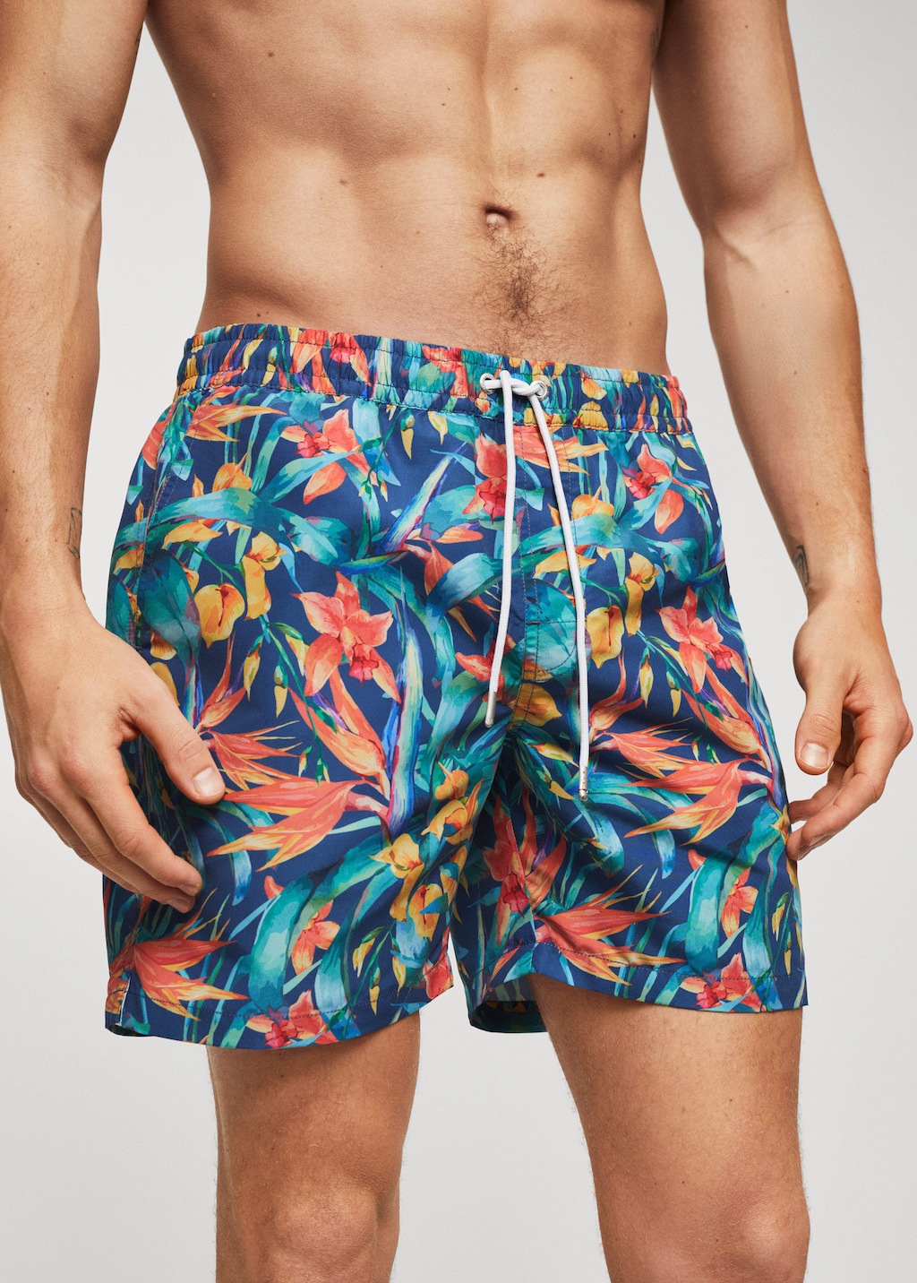 Hawaiian print top swim trunks