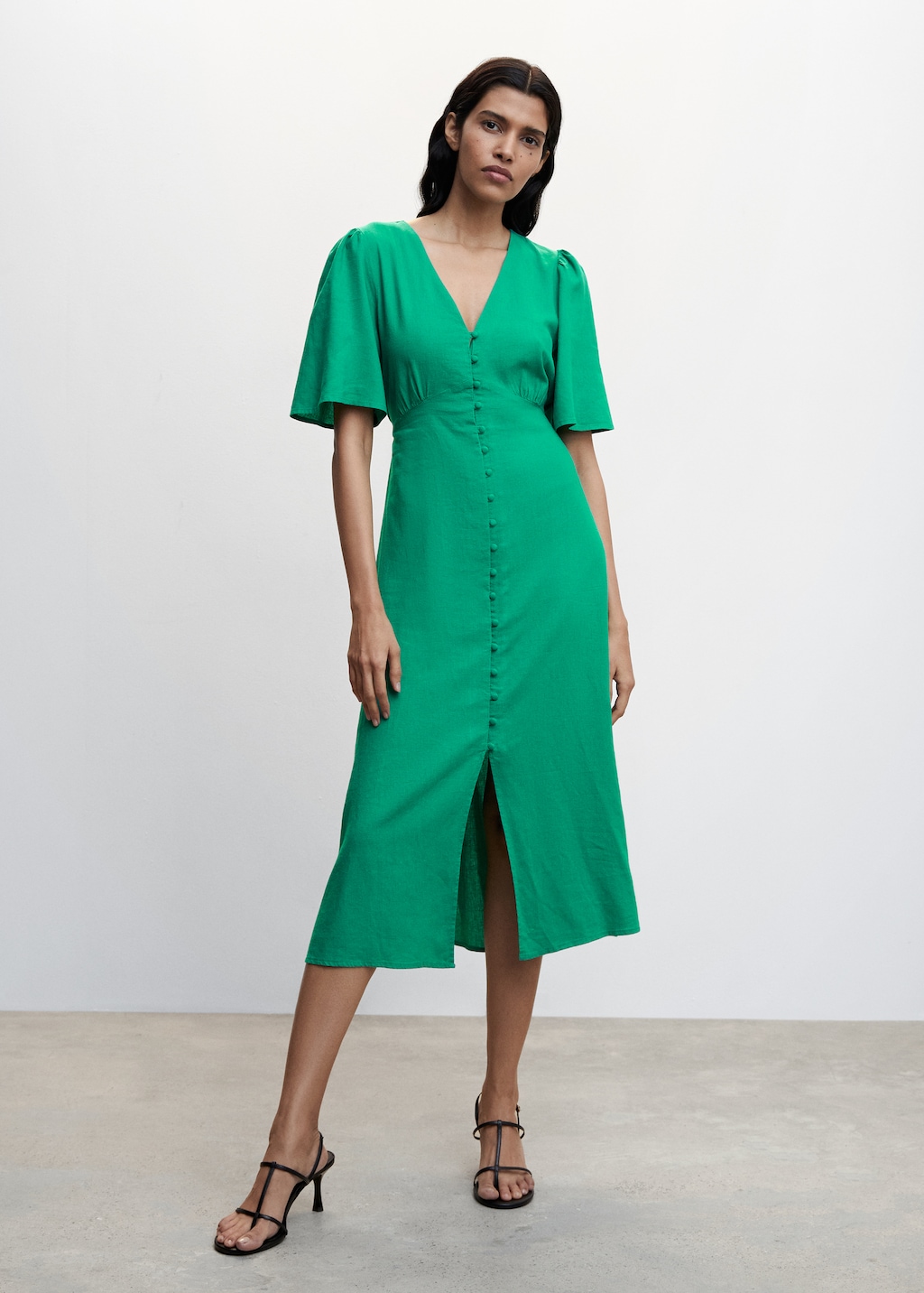 Buttoned linen blend dress Women MANGO Montenegro