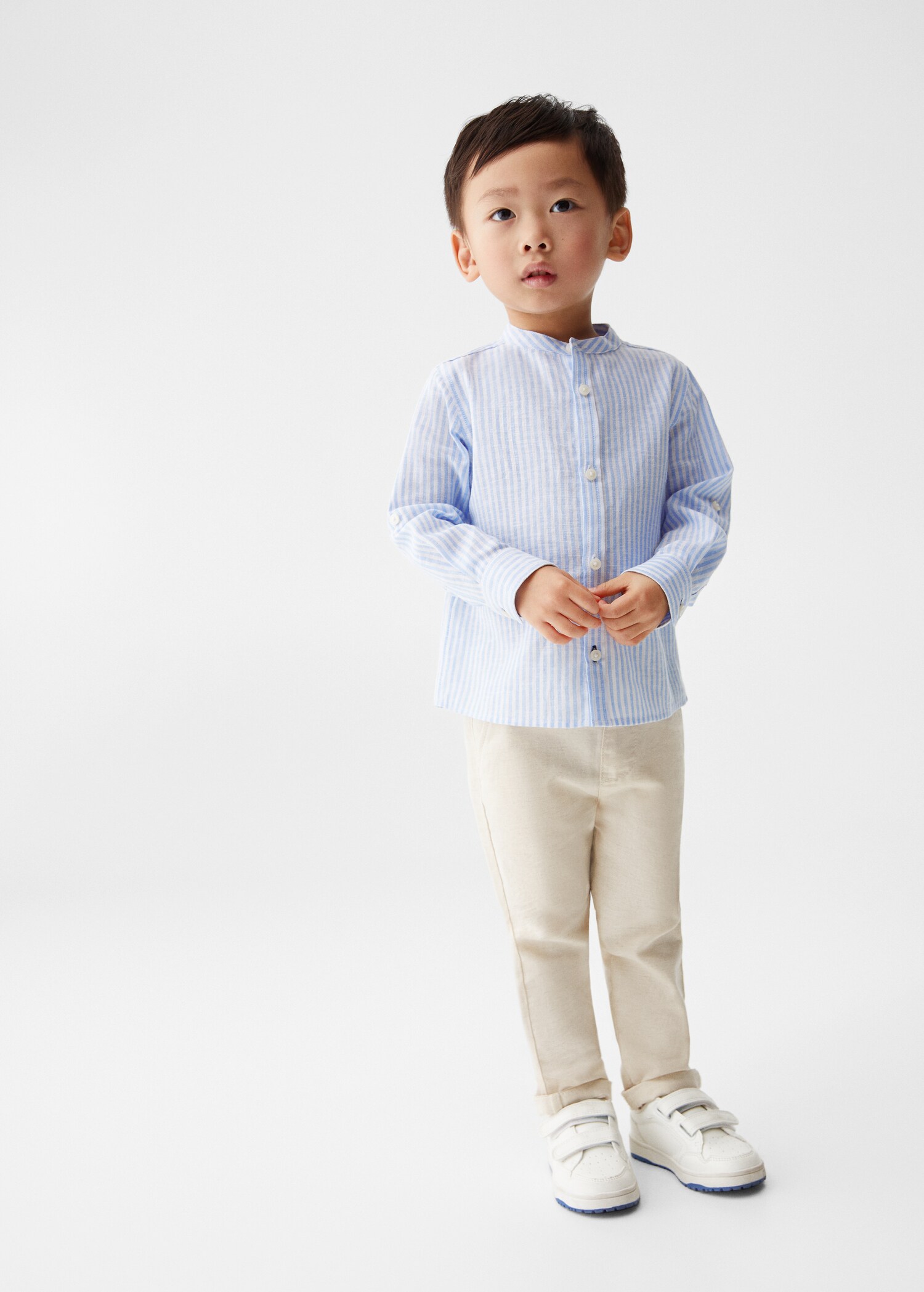 Striped mandarin-collar linen shirt - General plane