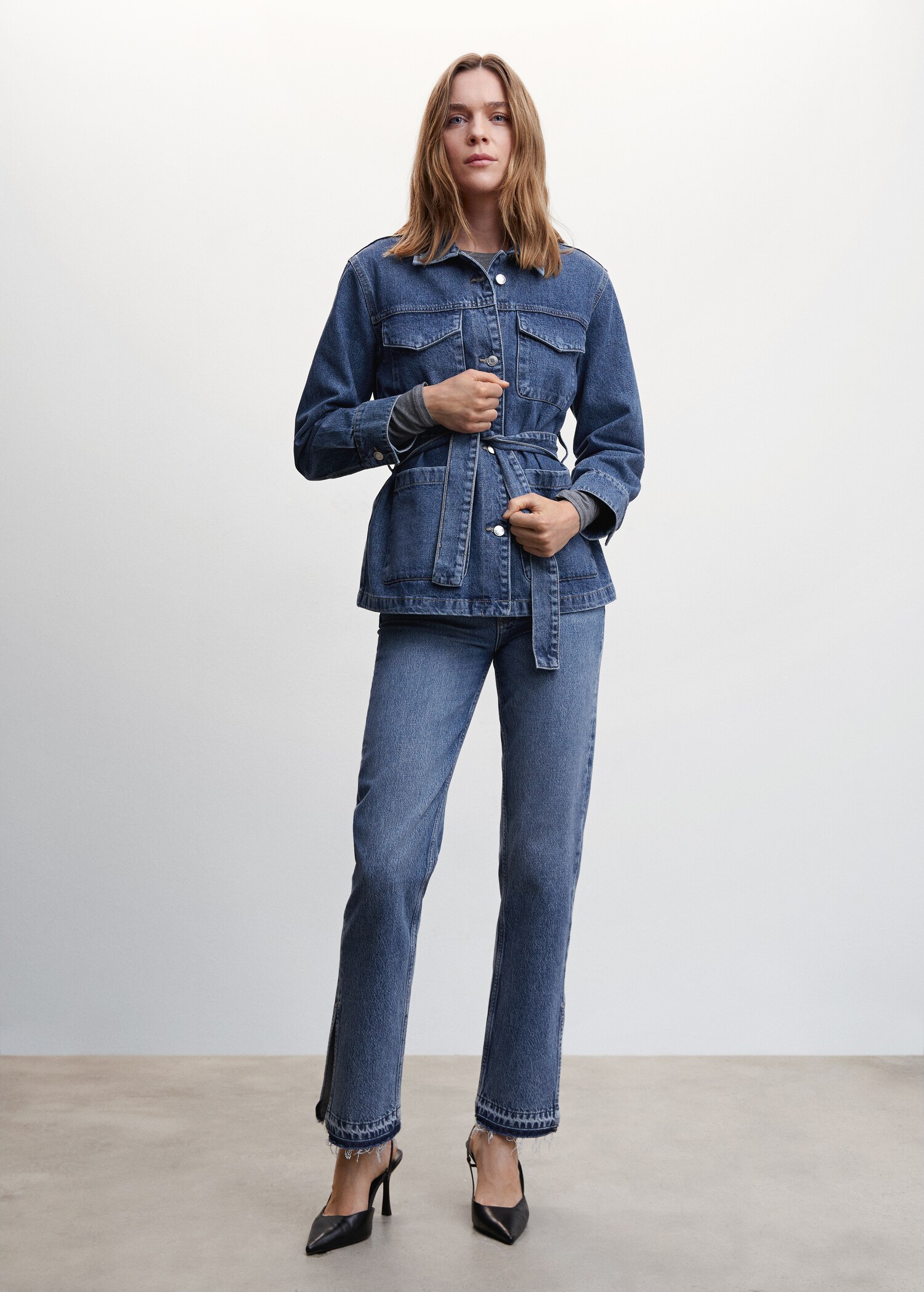 Denim jacket with belt - General plane