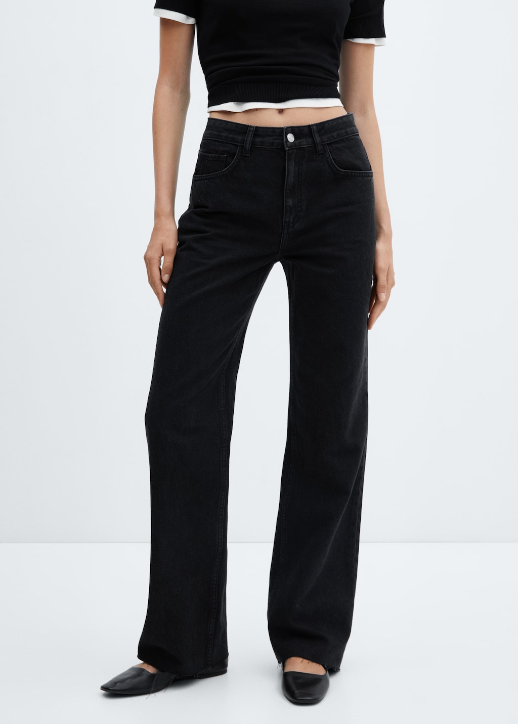 Cotton Denim Mid Rise Wide Jeans