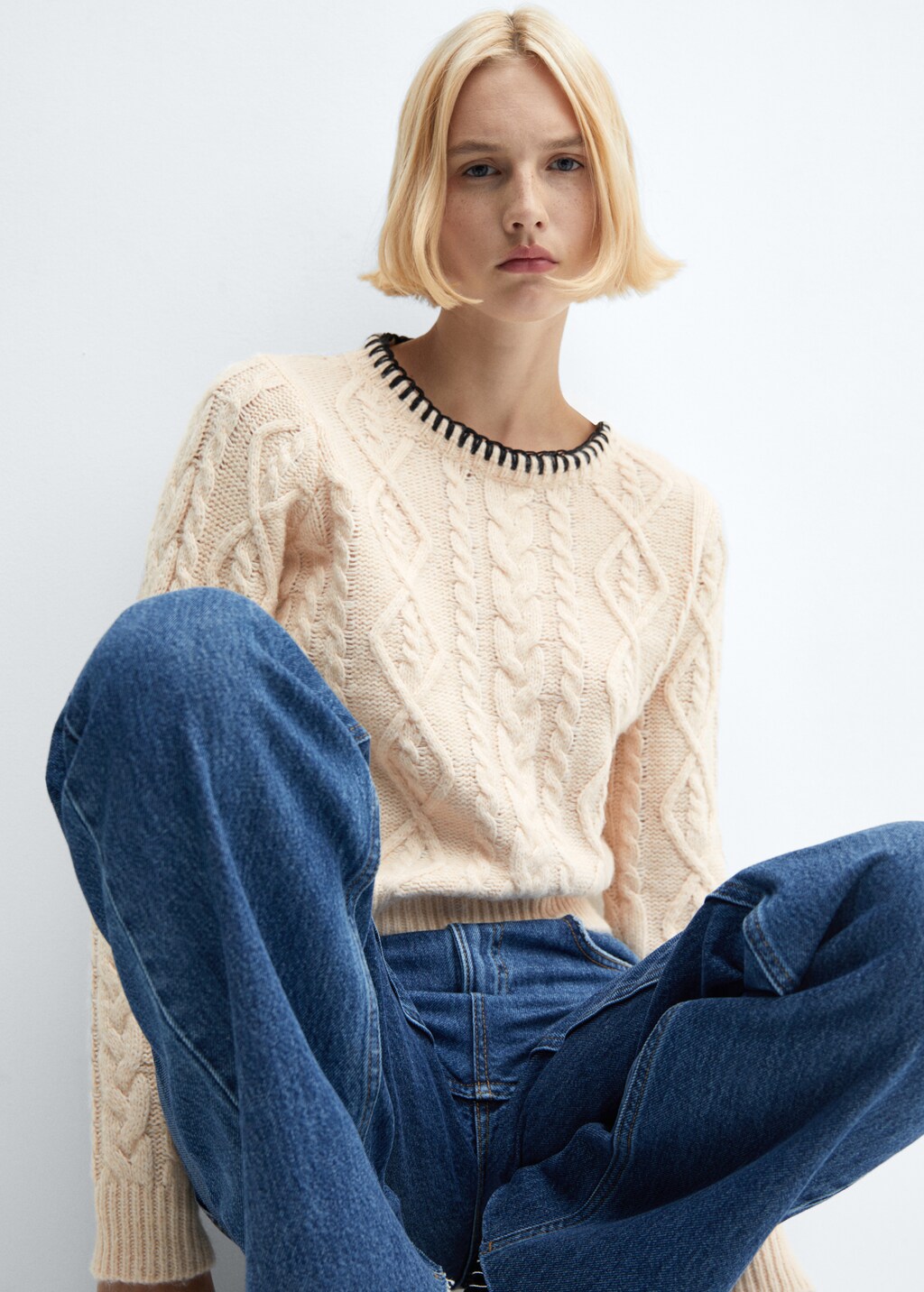 Cable knit sweater with contrasting trim Women MANGO Montenegro