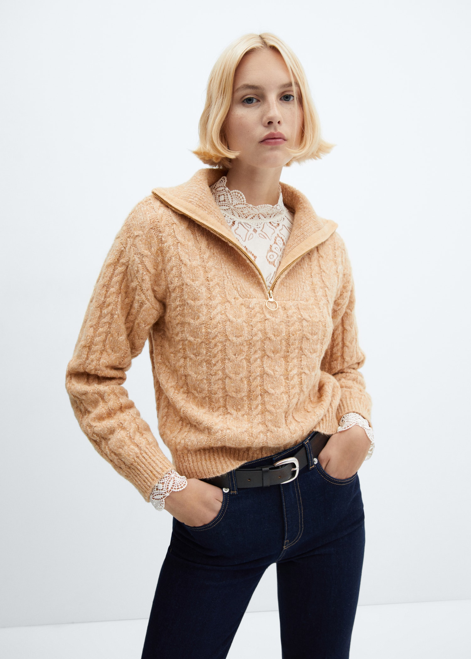 Cable-knit zip-neck sweater Women MANGO China - Main Image