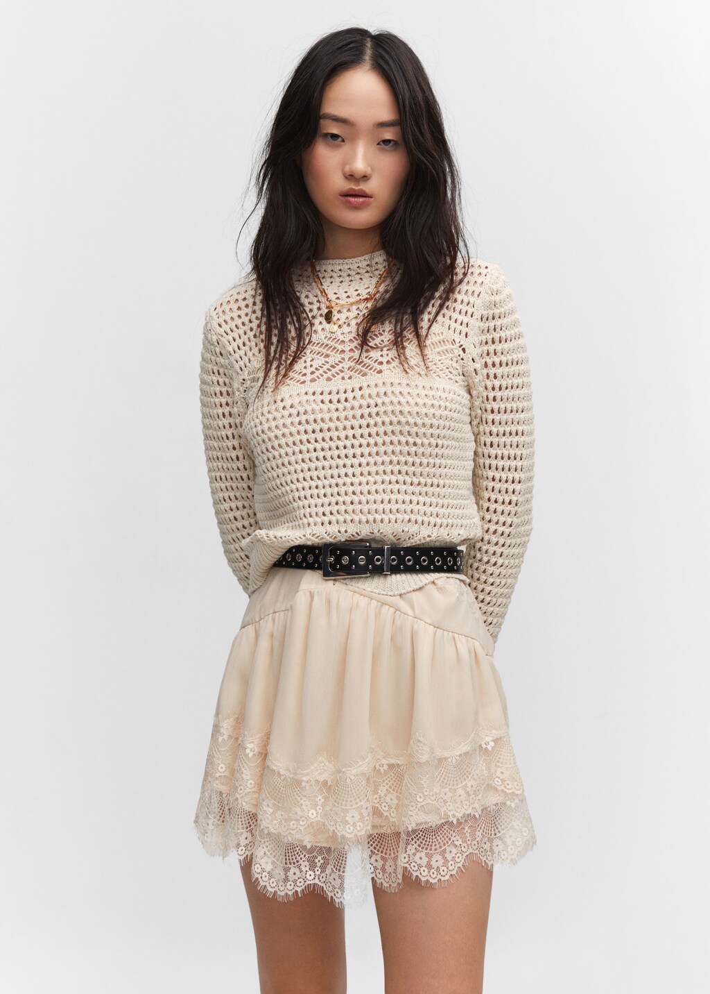 Double Take Full Size Openwork Contrast Long Sleeve Hooded Sweater main image 1