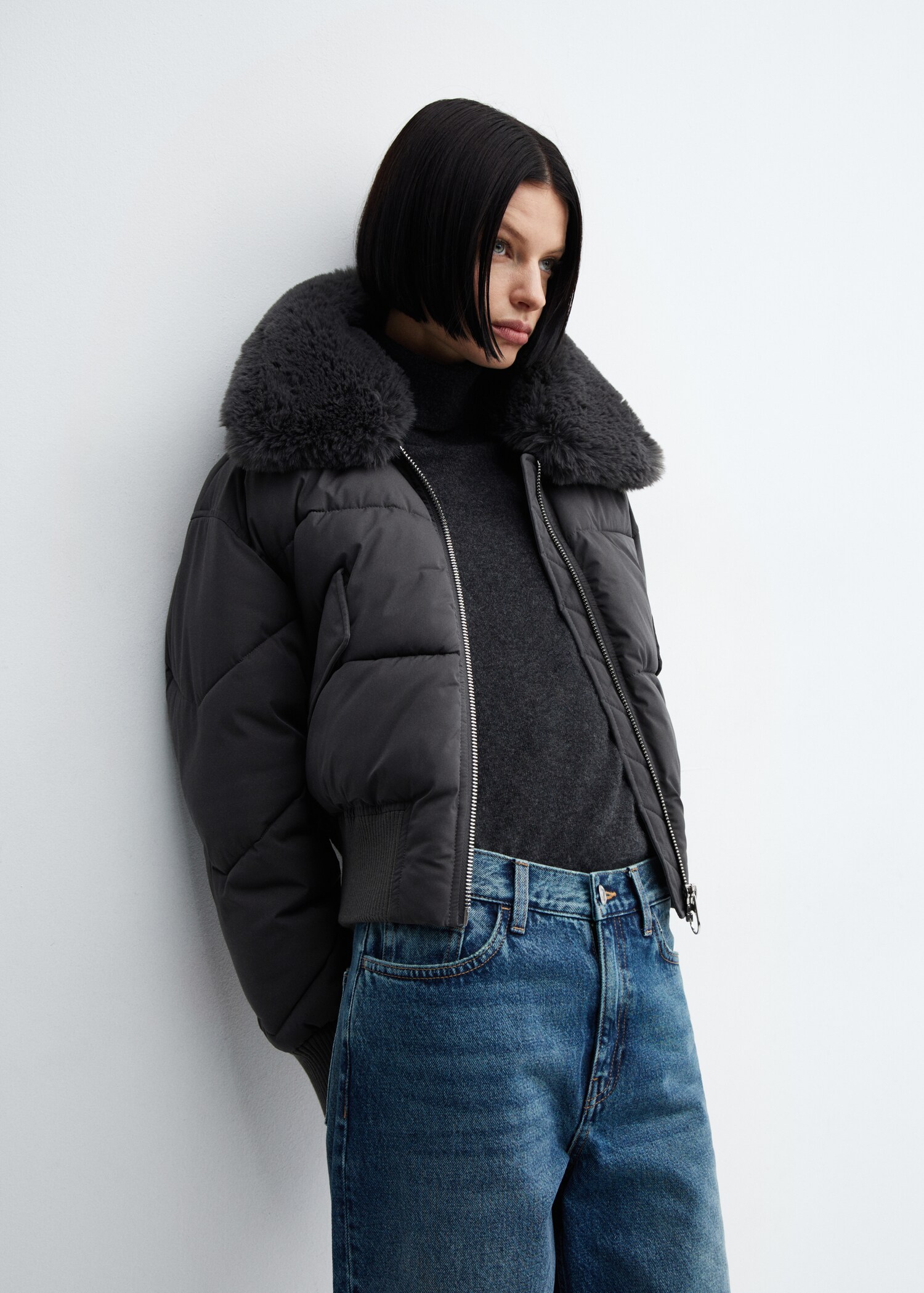 Bomber anorak with fur-effect collar - Medium plane