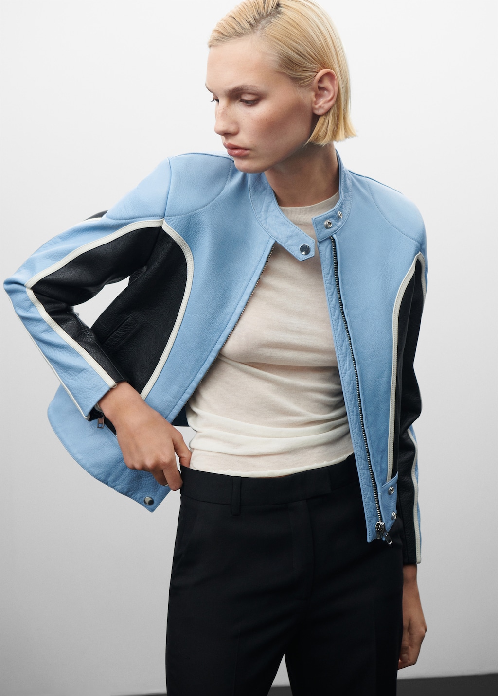Contrast leather biker jacket - Women | MANGO Japan Contrast leather biker jacket - Women | MANGO Japan