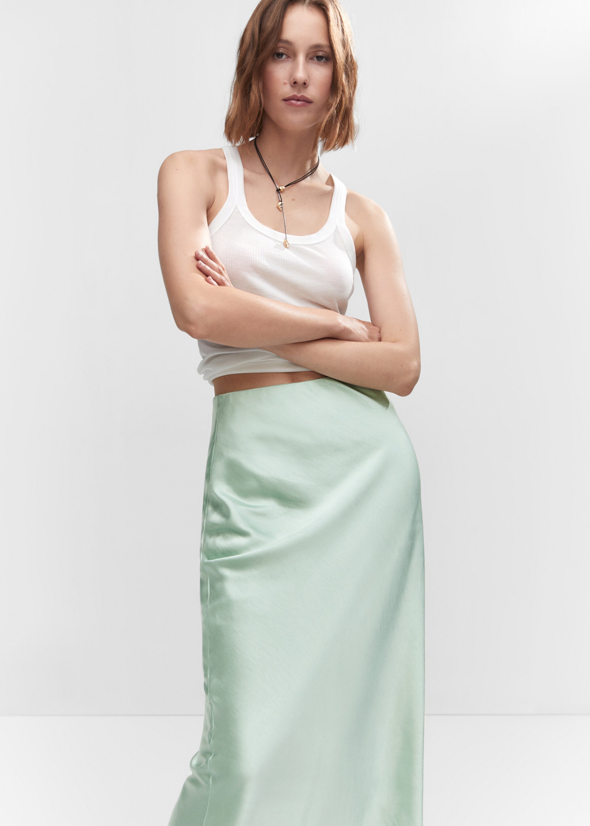 Midi satin skirt - Details of the article 1, Aqua Green. Ref: 57030409-00.