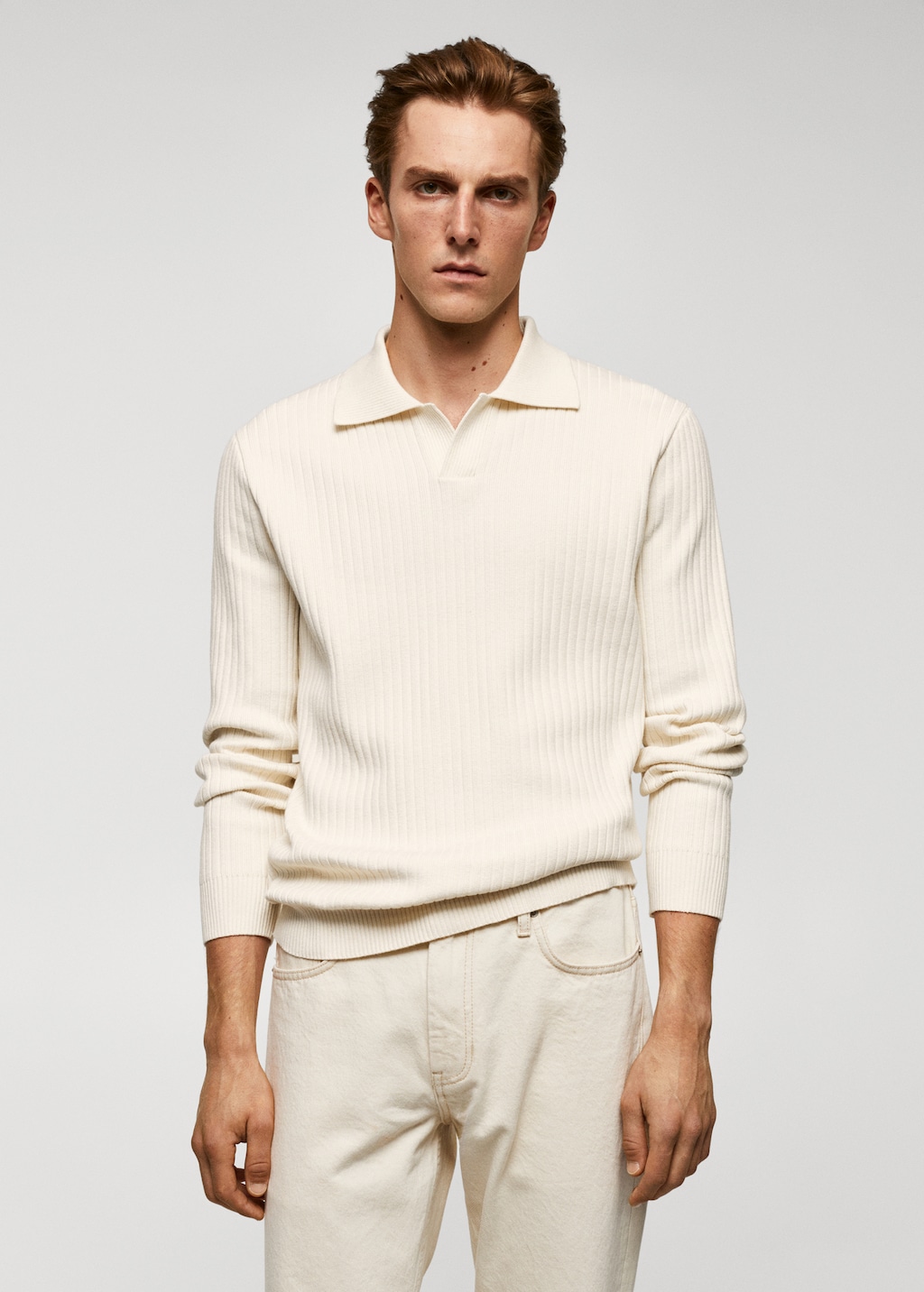 VIAVANDA RIB KNIT POLO SHIRT WHITE 長袖