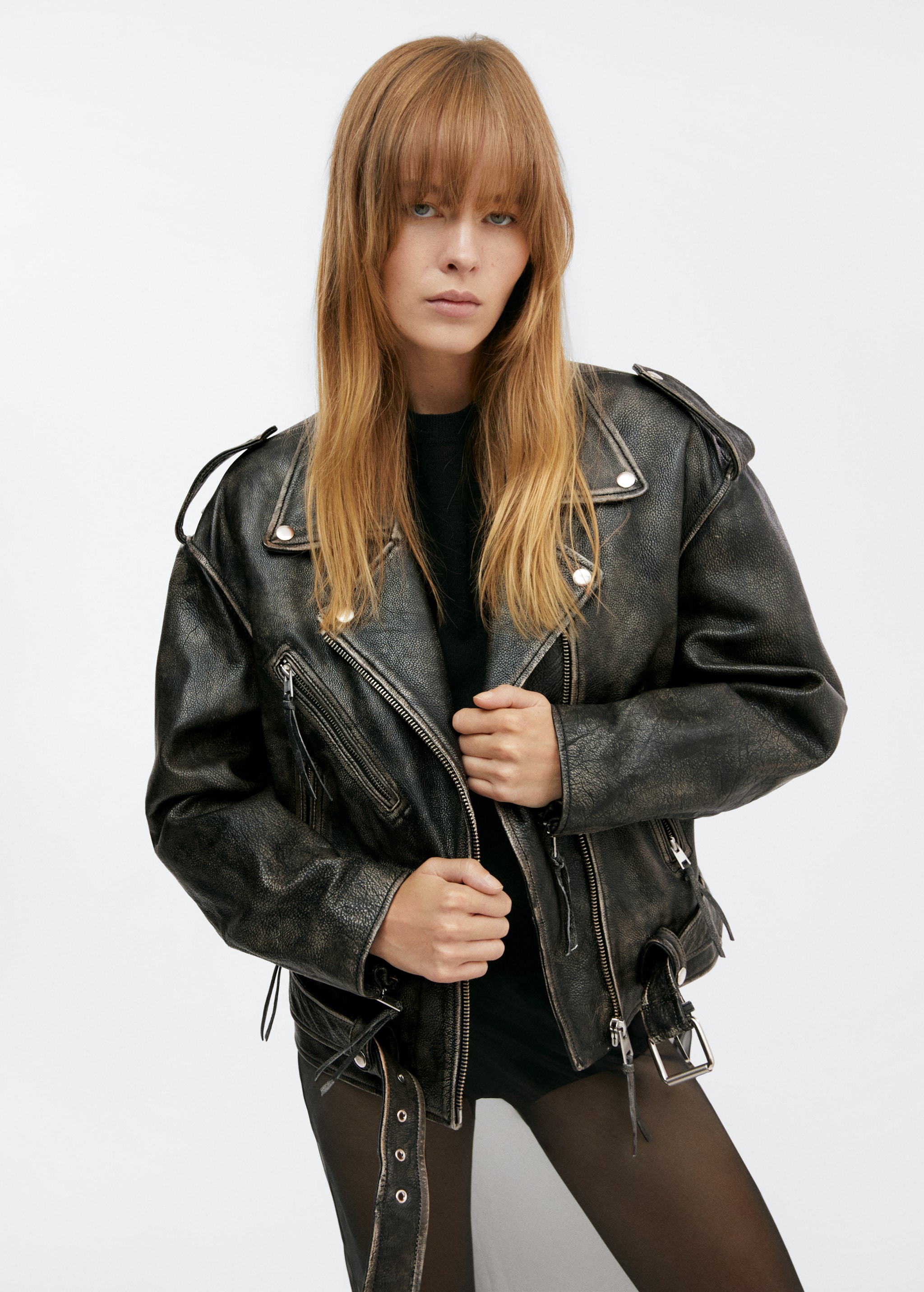 Leather biker oversize jacket - Women | MANGO Niger