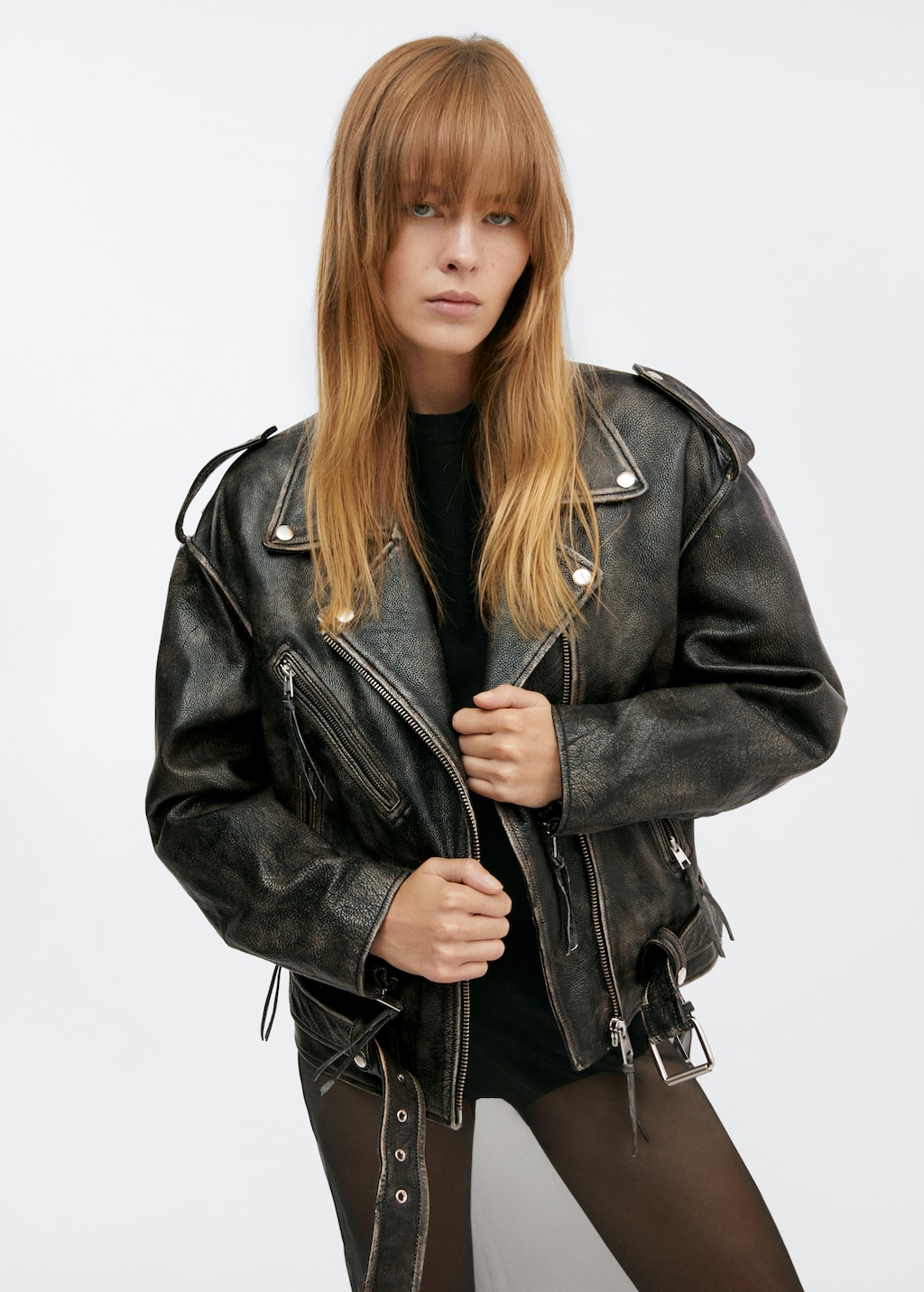 Blouson biker cuir oversize Femme MANGO Niger