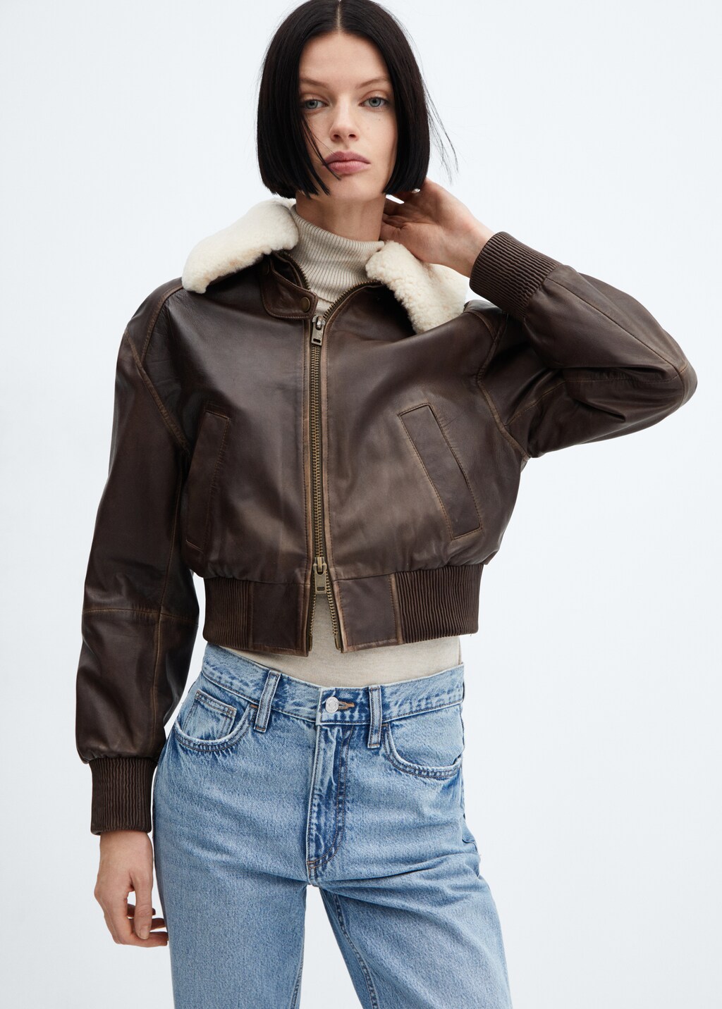 Leather bomber jacket with shearling collar - Women | MANGO