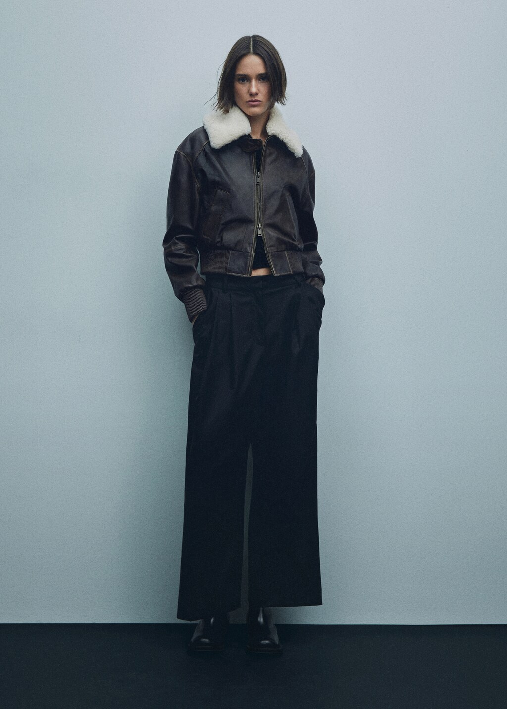 Leather bomber jacket with shearling collar - Women | MANGO Leather bomber jacket with shearling collar - Women | MANGO