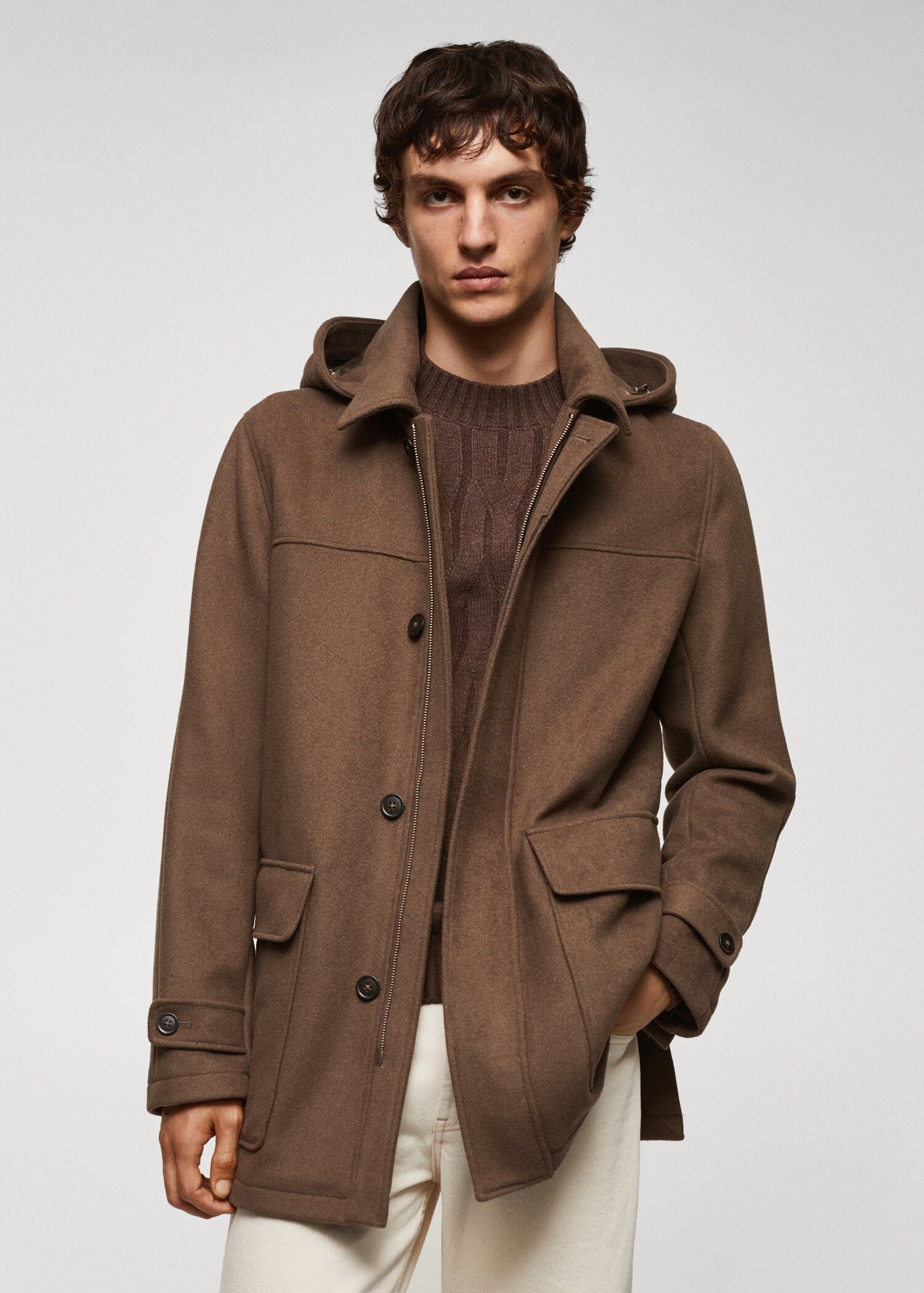 Detachable hood wool coat - Medium plane