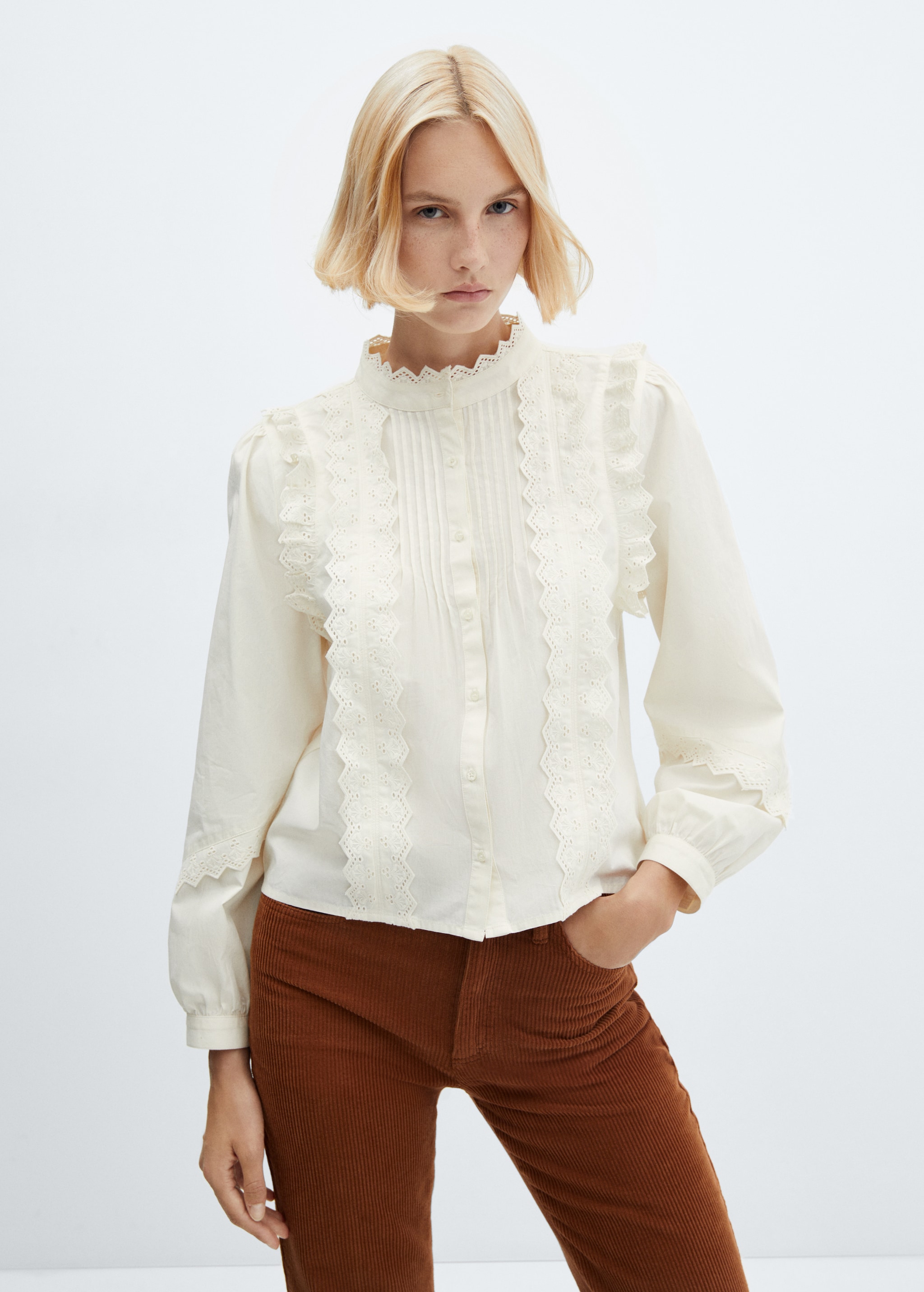 Cotton High neck collar Lace Openwork Long Sleeve Tops Cotton High neck collar Lace Openwork Long Sleeve Tops