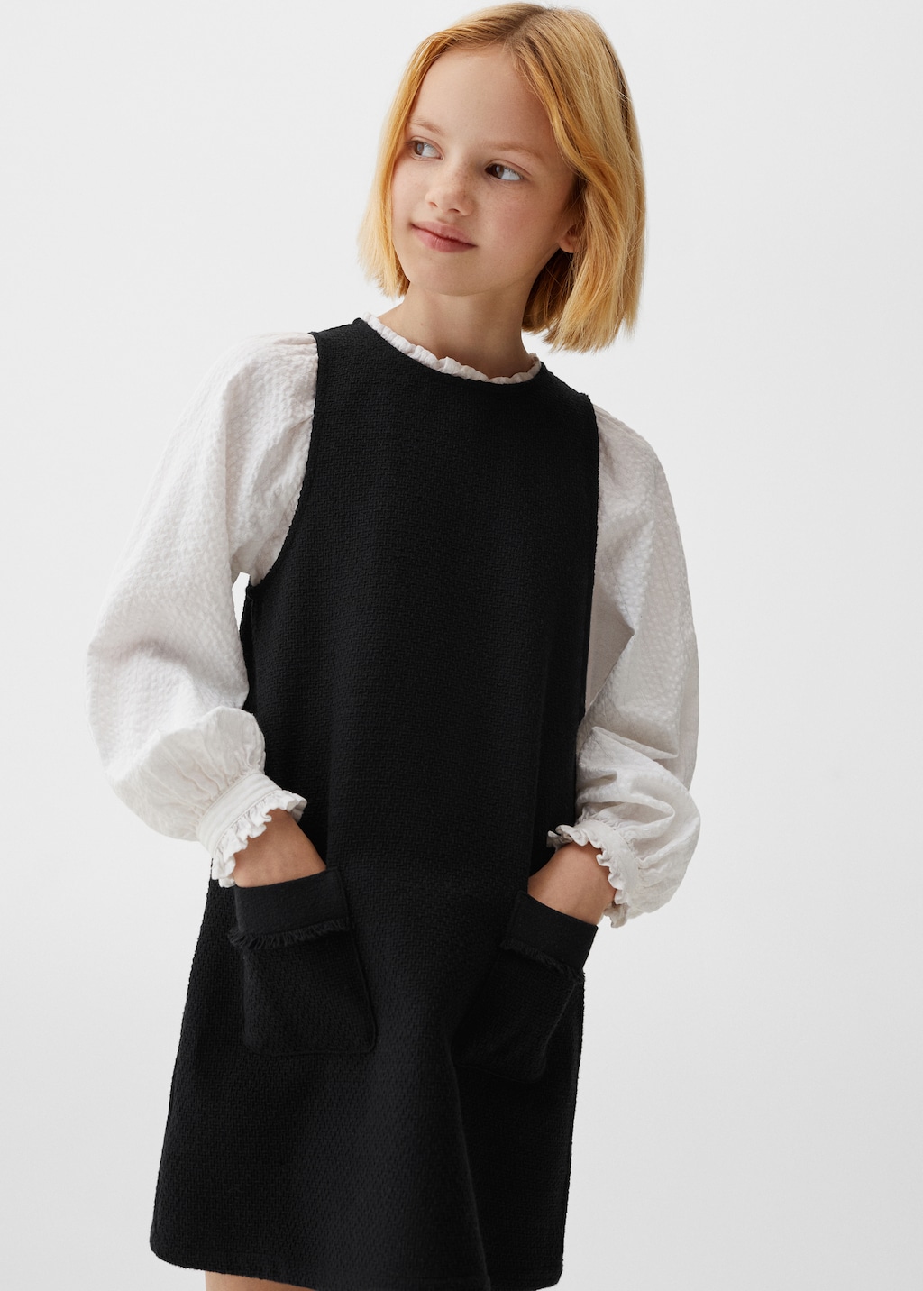 Cotton blend textured pinafore dress Kids MANGO Canada
