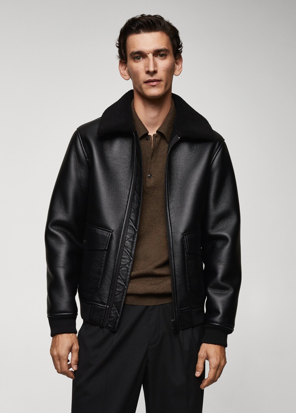 Shearling-lined leather-effect jacket - Men | MANGO China Shearling-lined leather-effect jacket - Men | MANGO China
