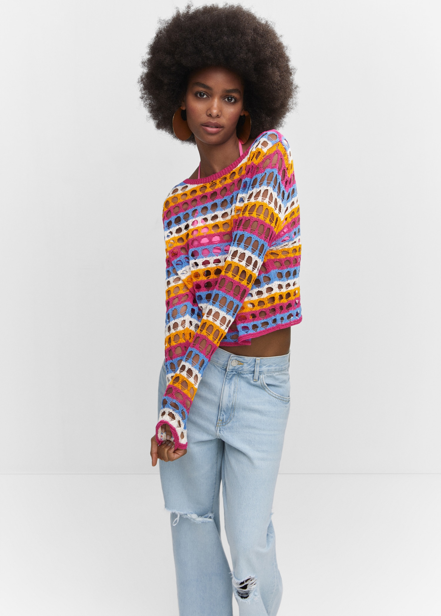 Multi-coloured crochet sweater