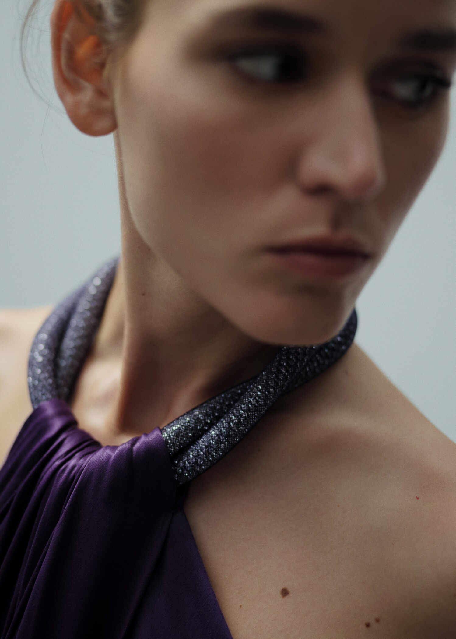 Structured satin dress with rhinestone neckline  - Details of the article 1