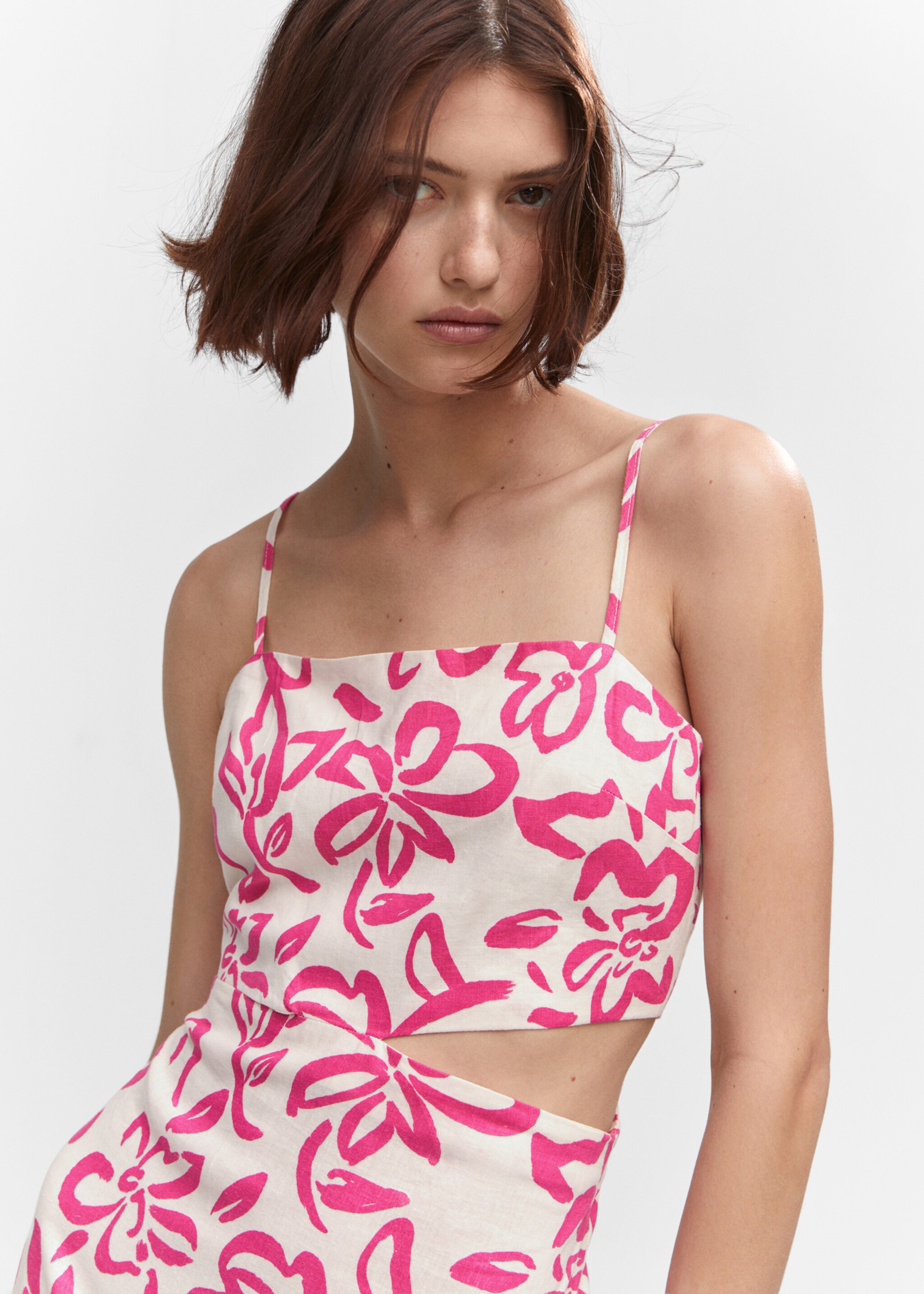 Cut-out linen-blend dress - Details of the article 1, Fuchsia. Ref: 57050251-00.