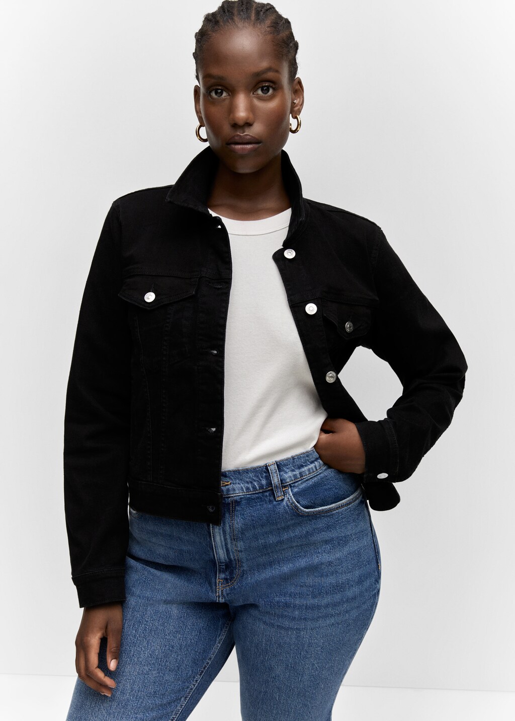 Long black denim jacket womens best sale